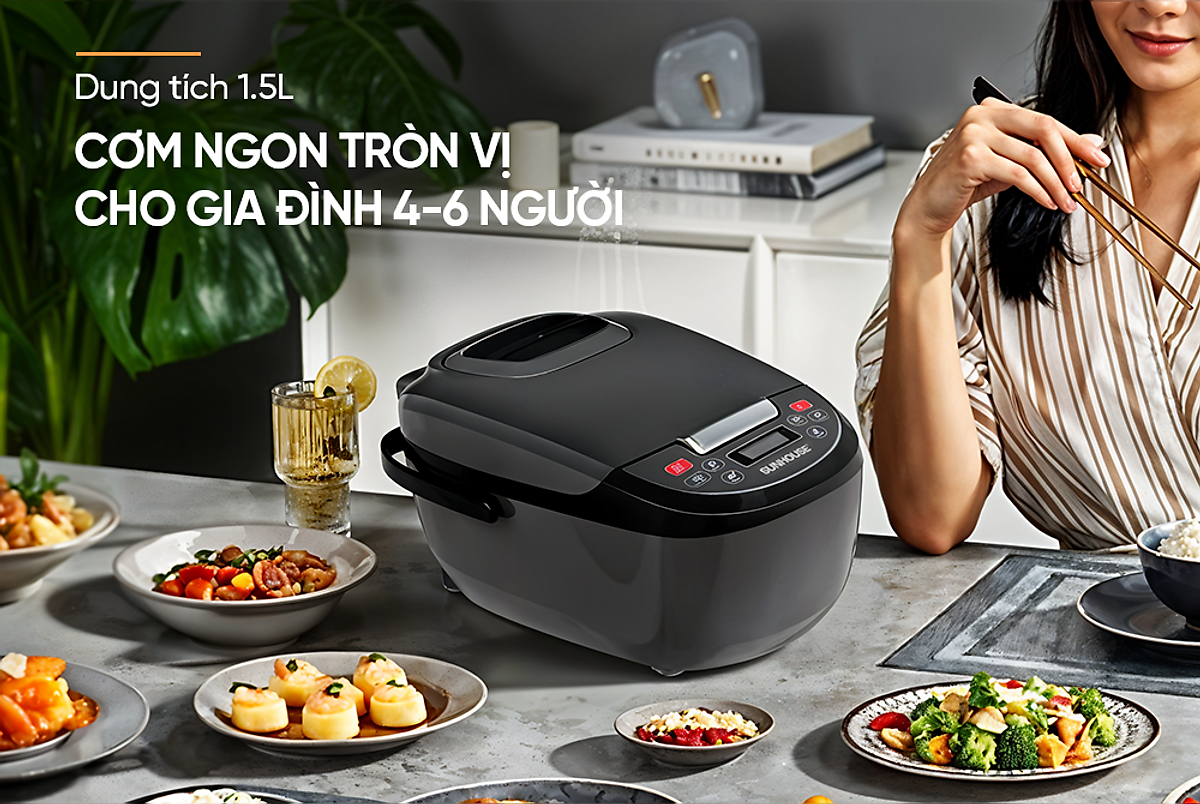Nồi cơm điện tử 1.8L Sunhouse SHD8909B - 6 chế dộ, giữ ấm 12 tiếng - Mâm nhiệt lớn, cơm dẻo, chín đều - Hàng chính hãng