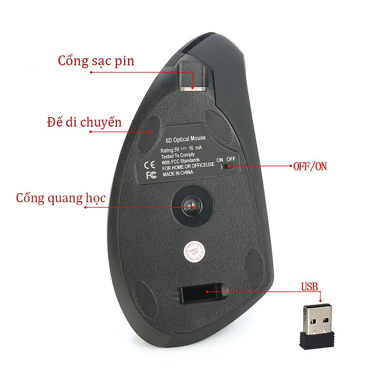Chuột không dây kiểu đứng sạc pin HXSJ T22 wireless USB 2.4GHz chống mỏi tay chuyên dùng cho pc laptop macbook ipad tivi - Hàng chính hãng