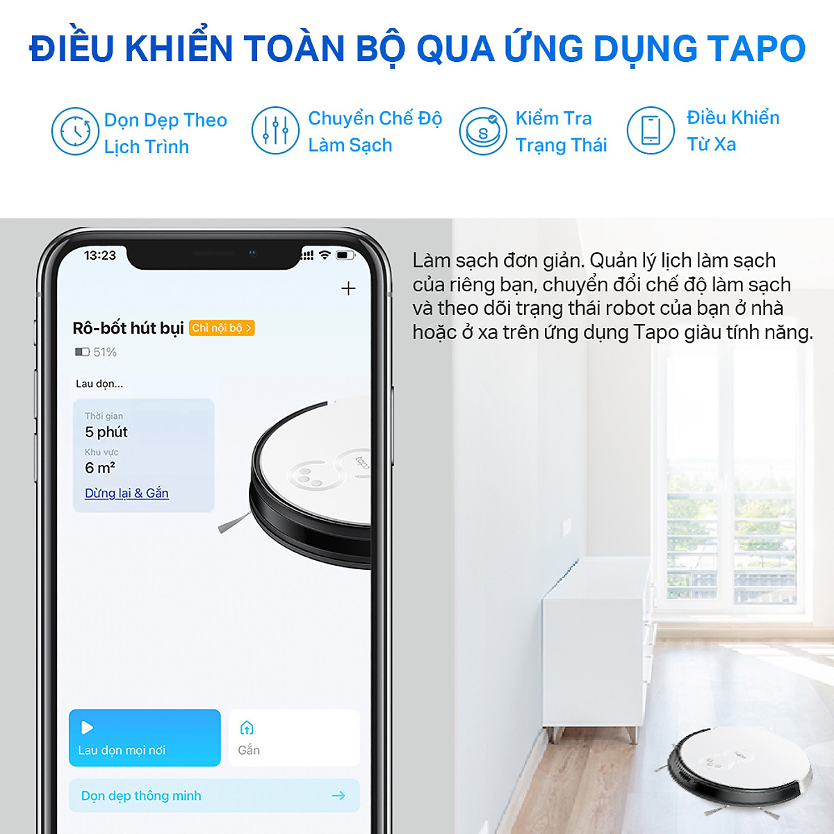 Robot Hút Bụi Và Lau Nhà TP-Link Tapo RV20 Mop / RV20 Mop Plus Điều Hướng LiDar MagSlim - Hàng Chính Hãng