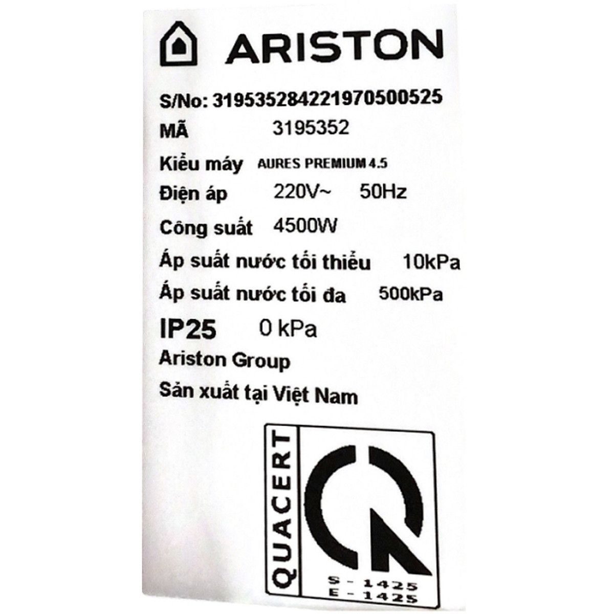 Máy nước nóng trực tiếp Ariston 4500W AURES PREMIUM 4.5 - Hàng Chính Hãng
