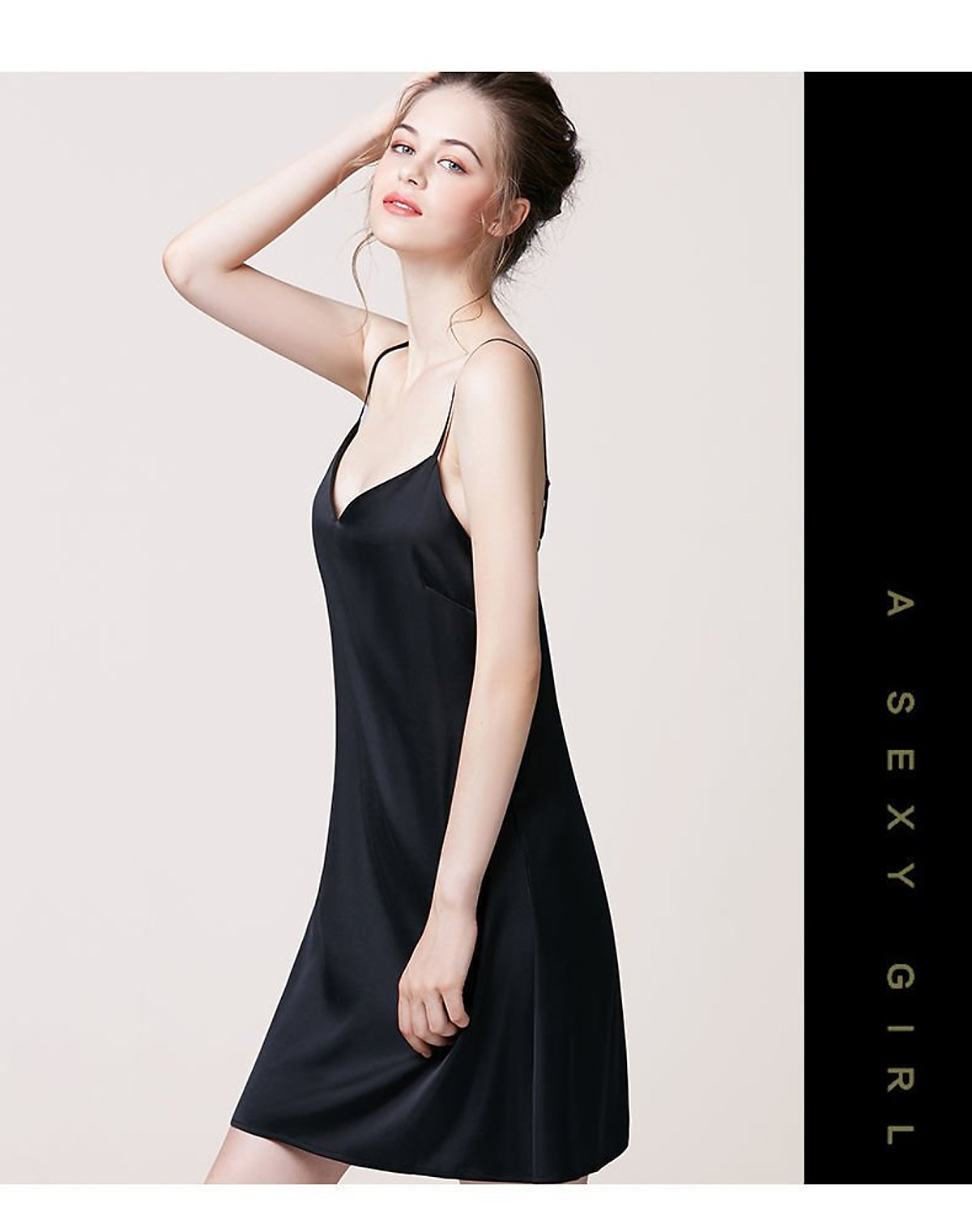 Váy ngủ nữ, váy lụa 2 dây VILADY - V129 dáng suông màu ĐEN huyền bí, chất liệu lụa Pháp cao cấp ( lụa latin)