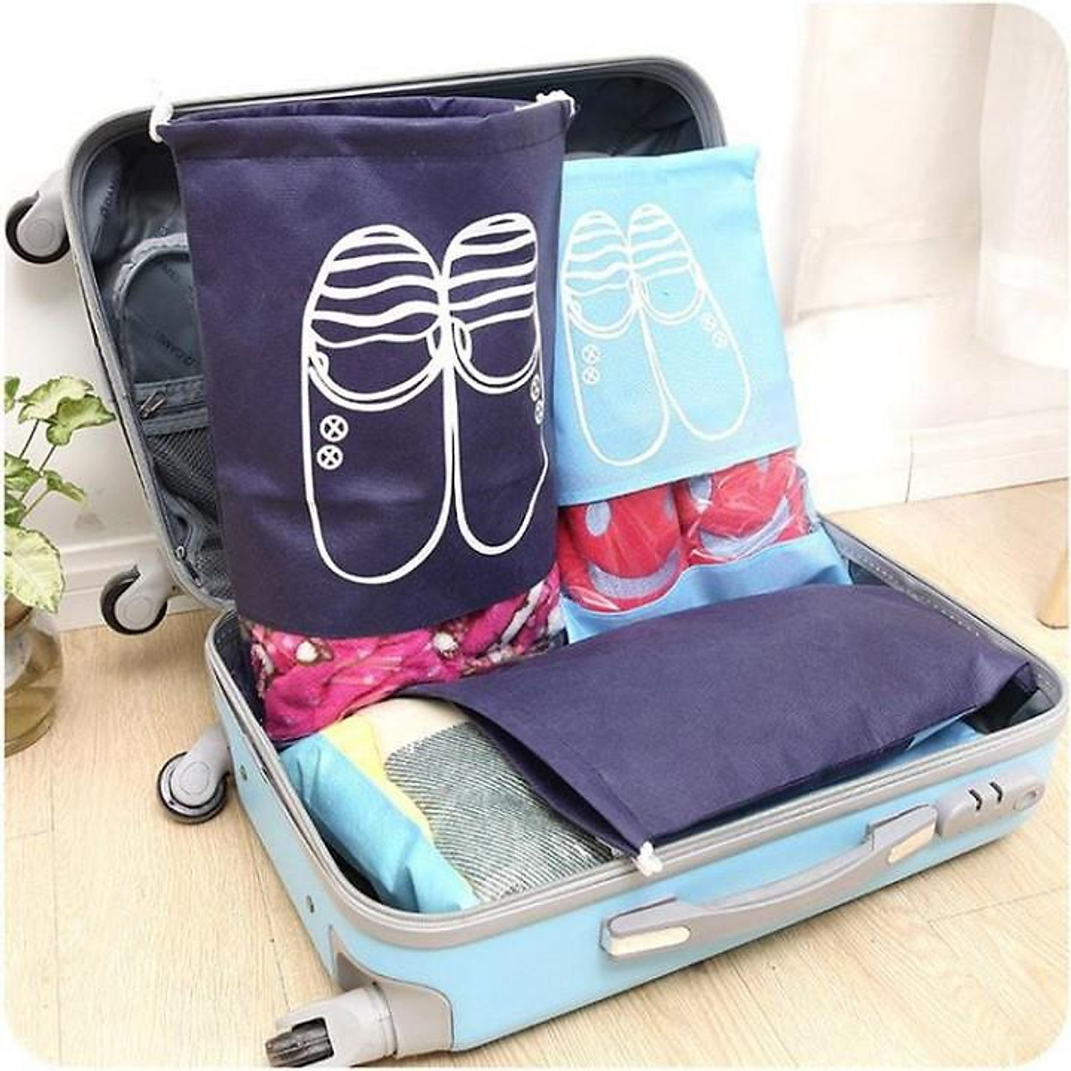 Túi đựng giày họa tiết chống thấm chống bụi bẩn loại có dây rút (43 x 32 cm)