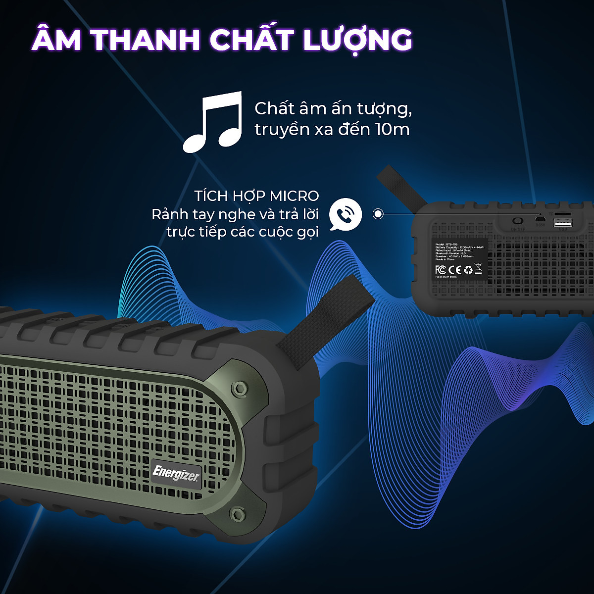 Loa Bluetooth di động Energizer BTS-106 kiêm sạc dự phòng - Kết nối bluetooth 5.0, Tích hợp micro, hỗ trợ FM radio, thẻ Micro SD, cổng sạc USB-A - HÀNG CHÍNH HÃNG