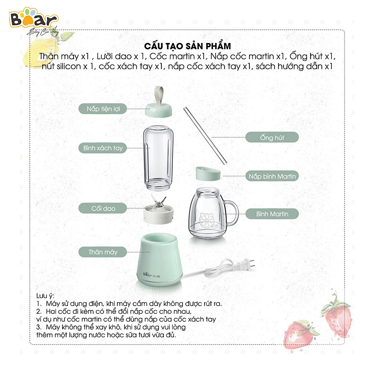 Máy Xay Sinh Tố Cầm Tay Bear, Nghiền Hoa Quả Công Suất Lớn, Chất Liệu An Toàn LLJ-D04A1 - Hàng Chính Hãng