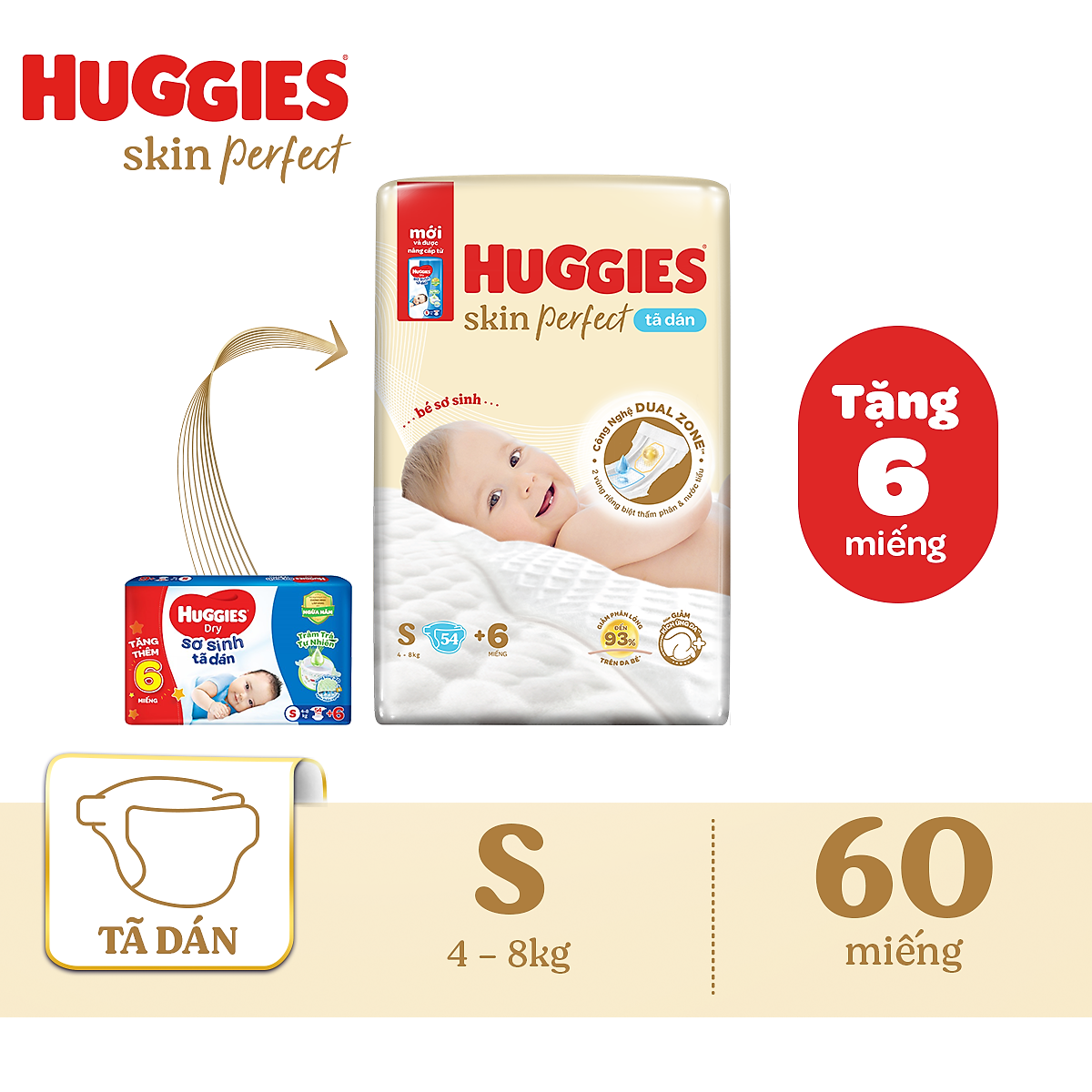 Tã/bỉm dán sơ sinh Huggies Skin Perfect S 54+6 miếng với 2 vùng thấm giảm kích ứng da