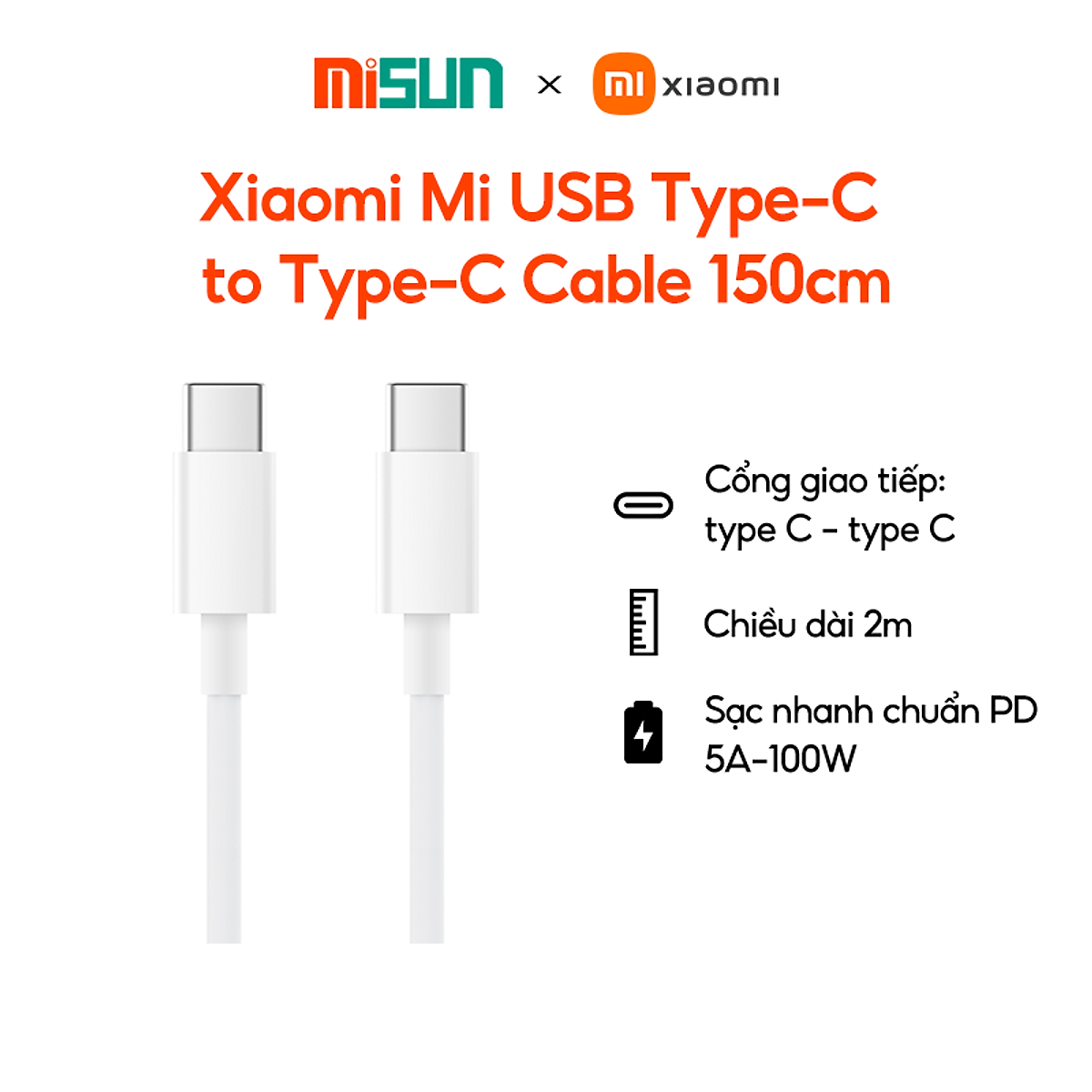 Cáp sạc Xiaomi Mi USB Type-C to Type-C Cable 150cm (Trắng)- Hàng chính hãng