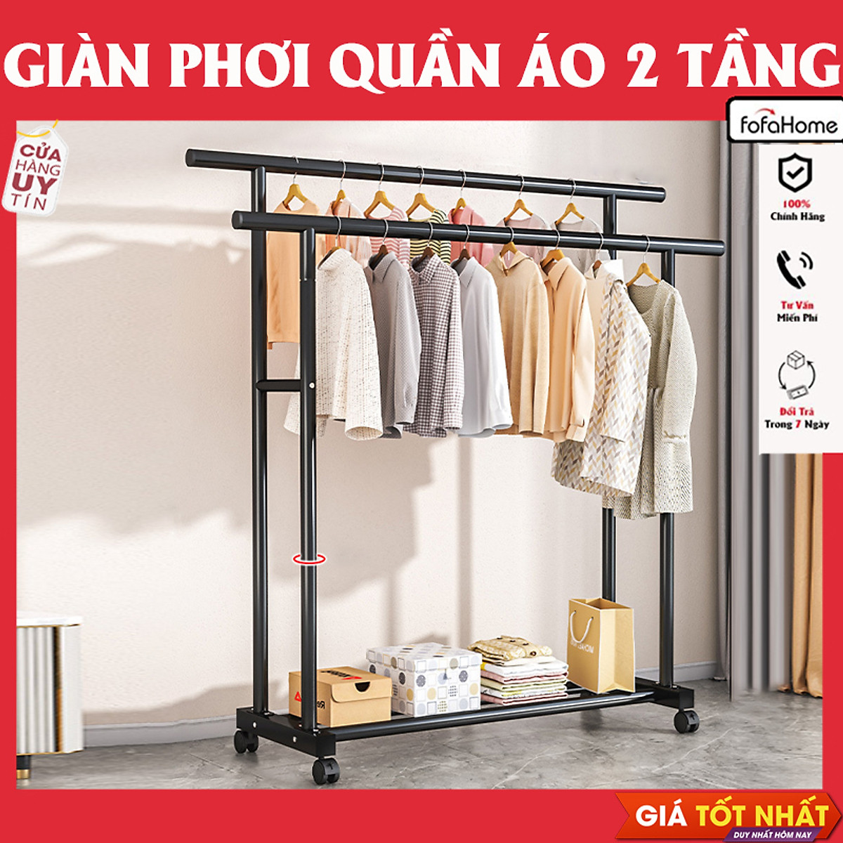 Xào Phơi Đồ 2 Tầng Giá Phơi Quần Áo Loại 1 Có Đầu Bịp 2 Đầu Có Bánh Xe Dễ Di Chuyển