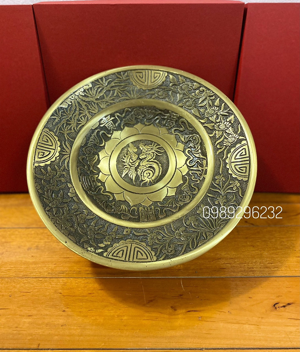 Mâm bồng đựng hoa quả , đĩa đựng trái cây bằng đồng chữ Phúc 25cm màu vàng nâu