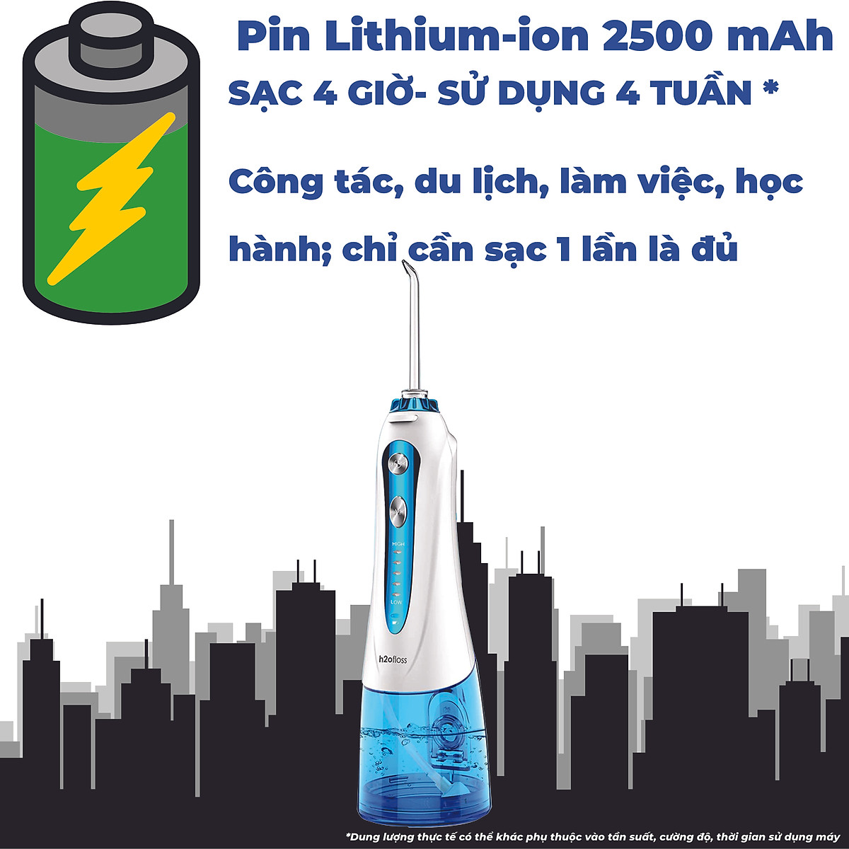 Tăm nước cầm tay H2ofloss HF-6. Tăm nước 5 chế độ, 5 đầu tăm đa chức năng, túi vải đựng máy, pin sử dụng tối đa 21 ngày, tặng kèm củ sạc nguồn thấp