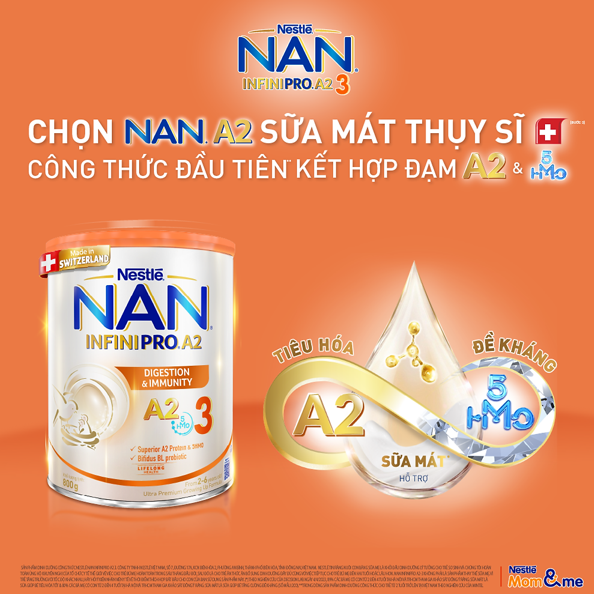 Bộ 2 Lon Sữa bột NAN INFINIPRO A2 800g Thụy Sĩ 3 với đạm quý A2 tiêu hóa tốt sau 7 ngày và 5HMO tăng cường đề kháng (2 - 6 tuổi)