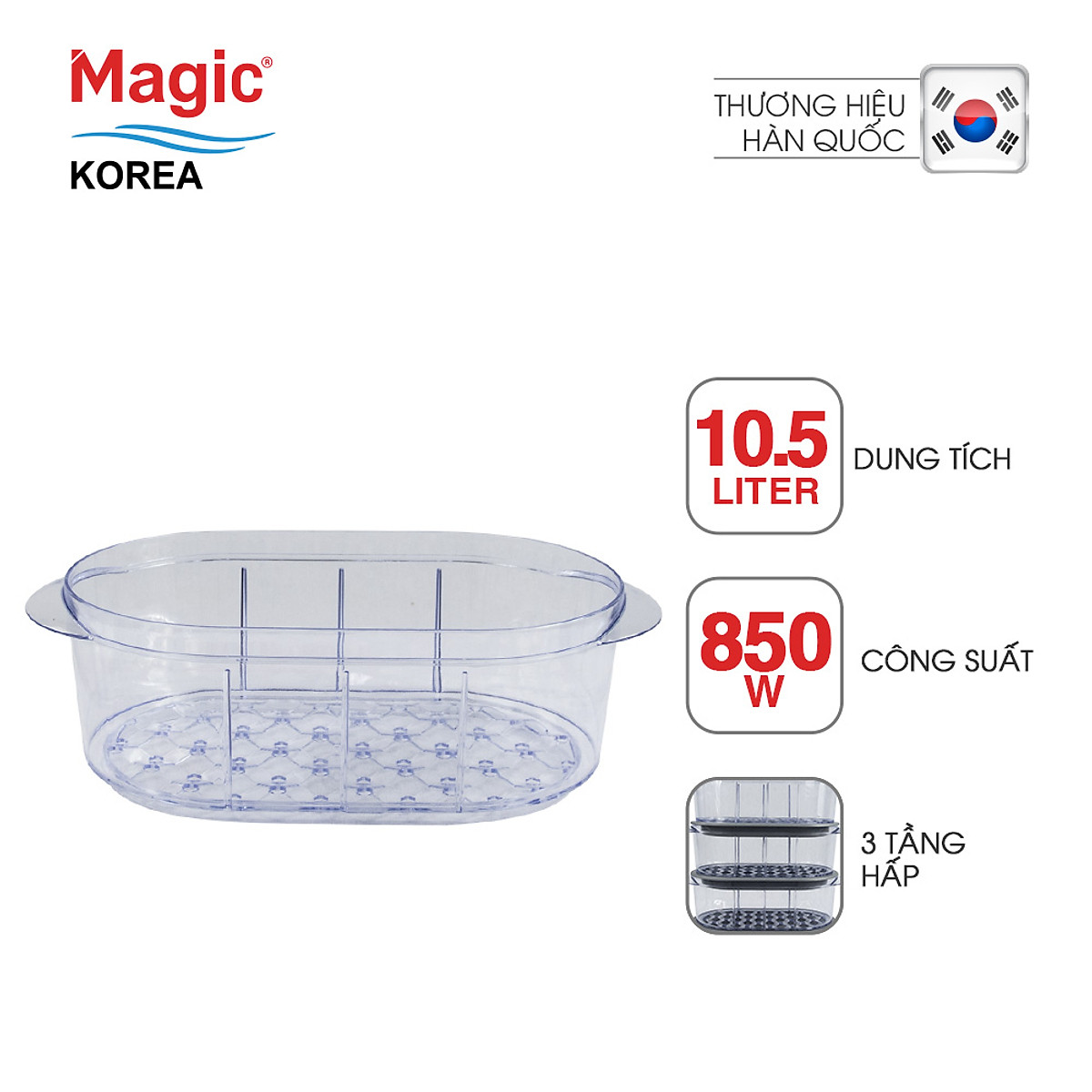 Máy hấp thực phẩm đa năng 03 tầng Magic Korea A61 (10.5 lít) - Hàng Chính Hãng