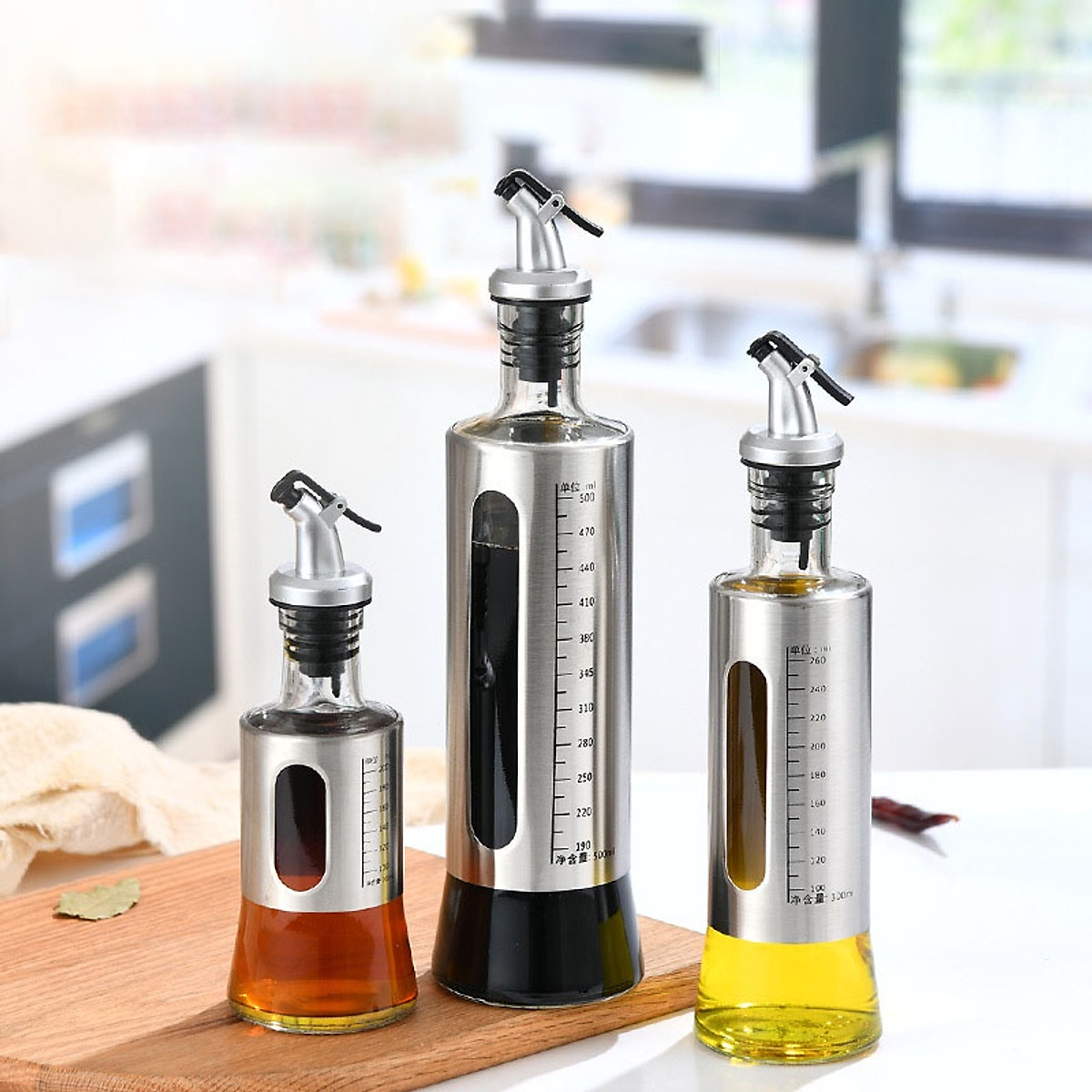 Chai Đựng Dầu Ăn Nước Mắm, Bình Thủy Tinh Bọc Inox Cao Cấp Chai Đựng Gia Vị Thủy Tinh Bọc Inox 304,Bình Rót Dầu Ăn, Nước Tương, Nước Mắm 200/300/500ml