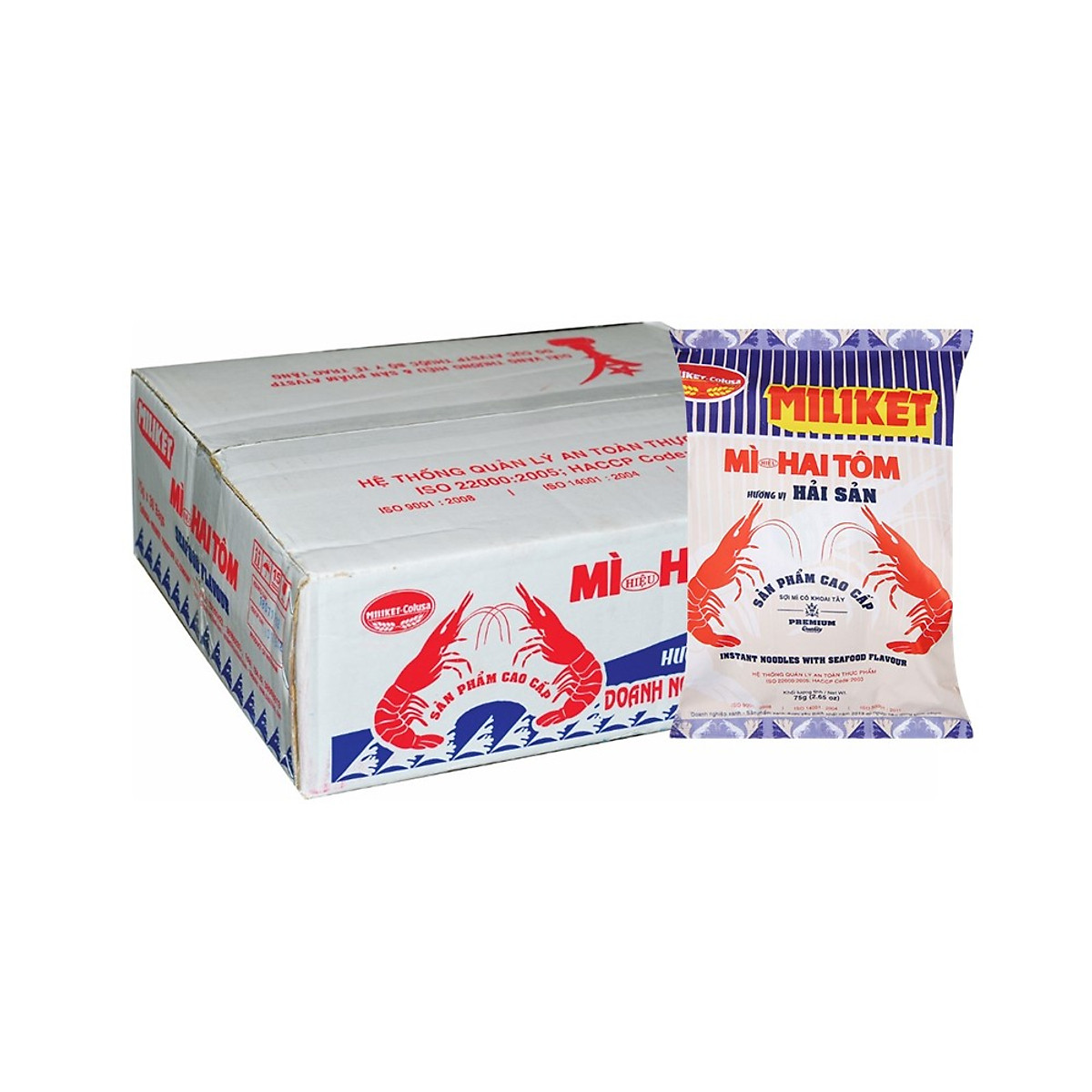 Thùng 30 Gói Mì Hai Tôm Vị Hải Sản Cao Cấp Miliket 75g