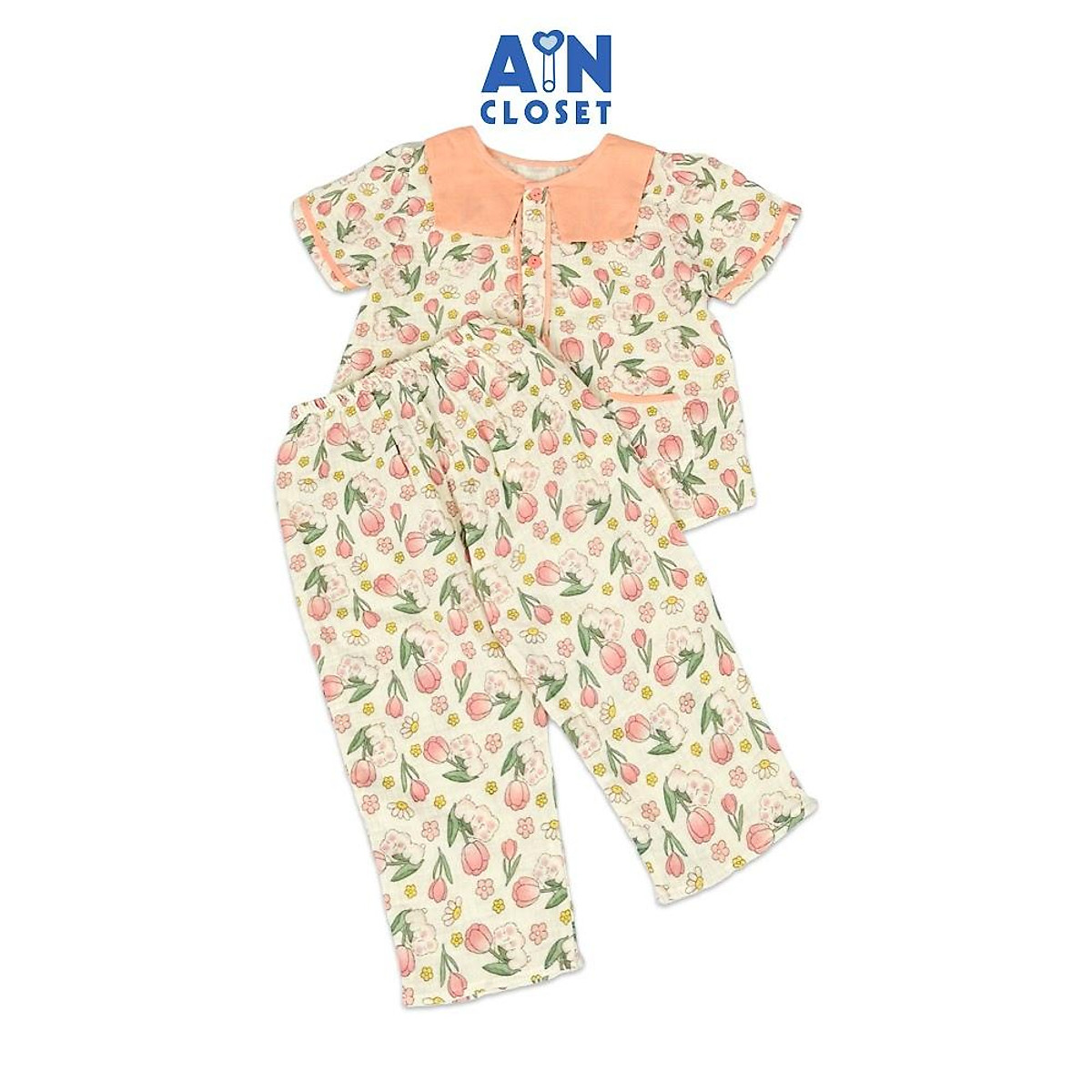 Bộ quần áo Dài tay ngắn bé gái họa tiết Thỏ Bông Dâu Hồng xô muslin - AICDBGVKCI70 - AIN Closet