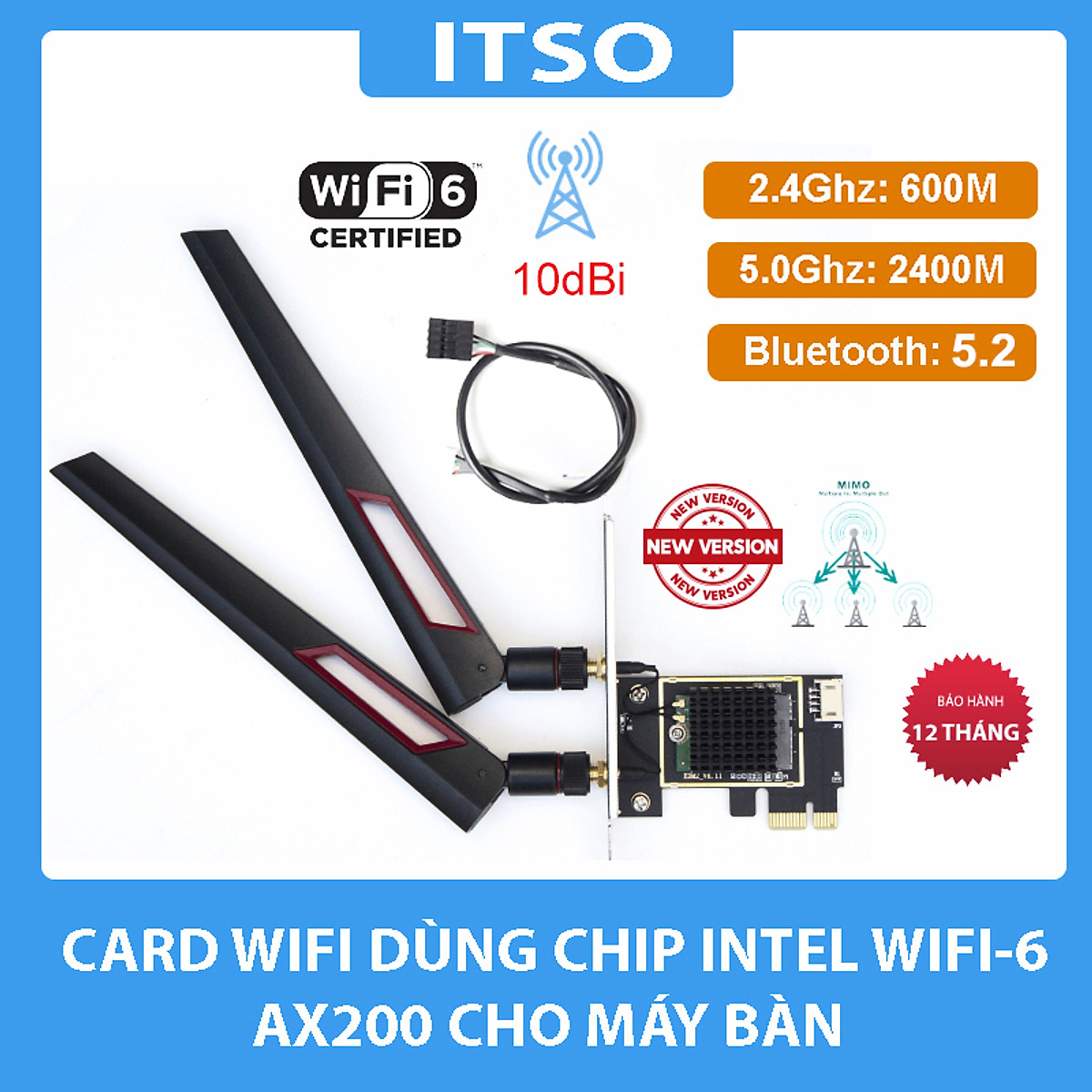 Card WIFI Bluetooth cho PC sử dụng chip Intel WIFI 6 AX200 khe PCI cho tích hợp Bluetooth 5.0  tốc độ 2400M có tản nhiệt 