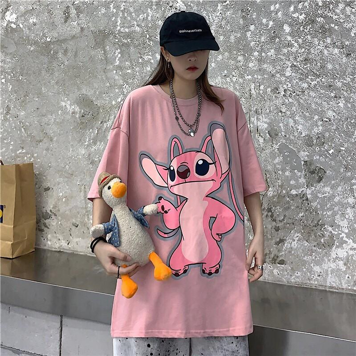 Áo thun nữ form rộng - Áo phông nữ form rộng Stitch Hồng