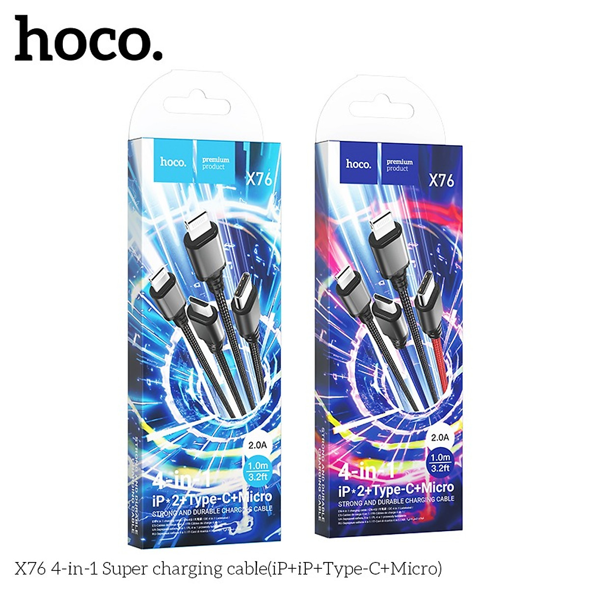 Dây Sạc Đa Năng 4 in 1 Hoco X76 dòng sạc 2A dài 1m dây dù siêu bền - 2 đầu dùng cho iPhone - 1 đầu TypeC - 1 đầu micro usb - Hàng Chính Hãng