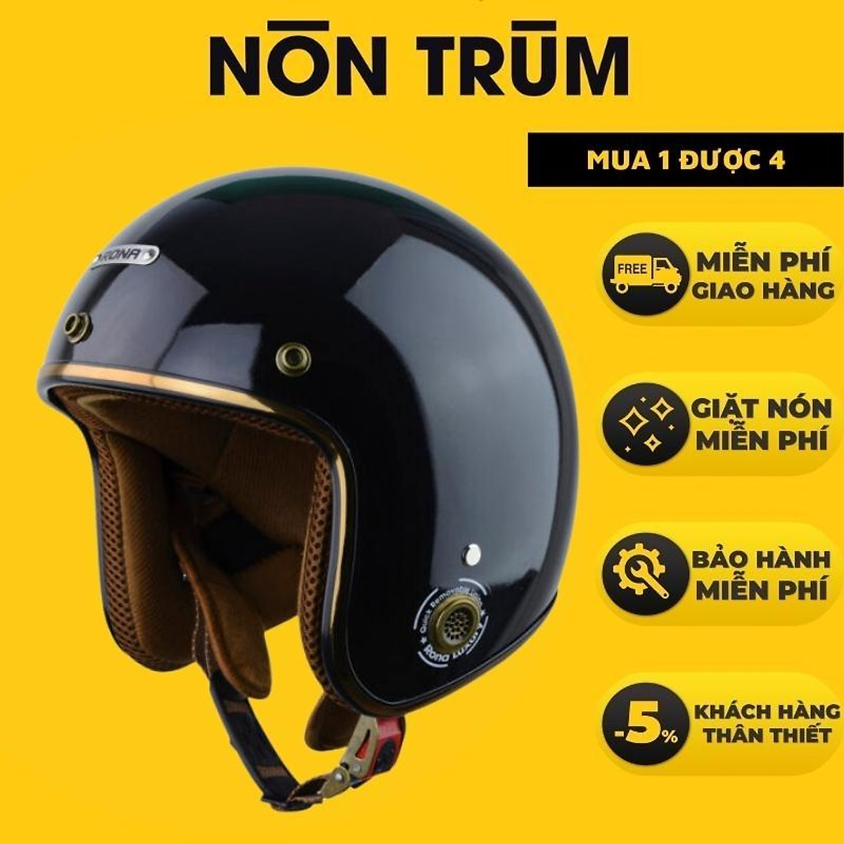 Mũ bảo hiểm 3/4 RONA R8 freesize vòng đầu 55-59cm phù hợp cho nam và nữ đi xe máy