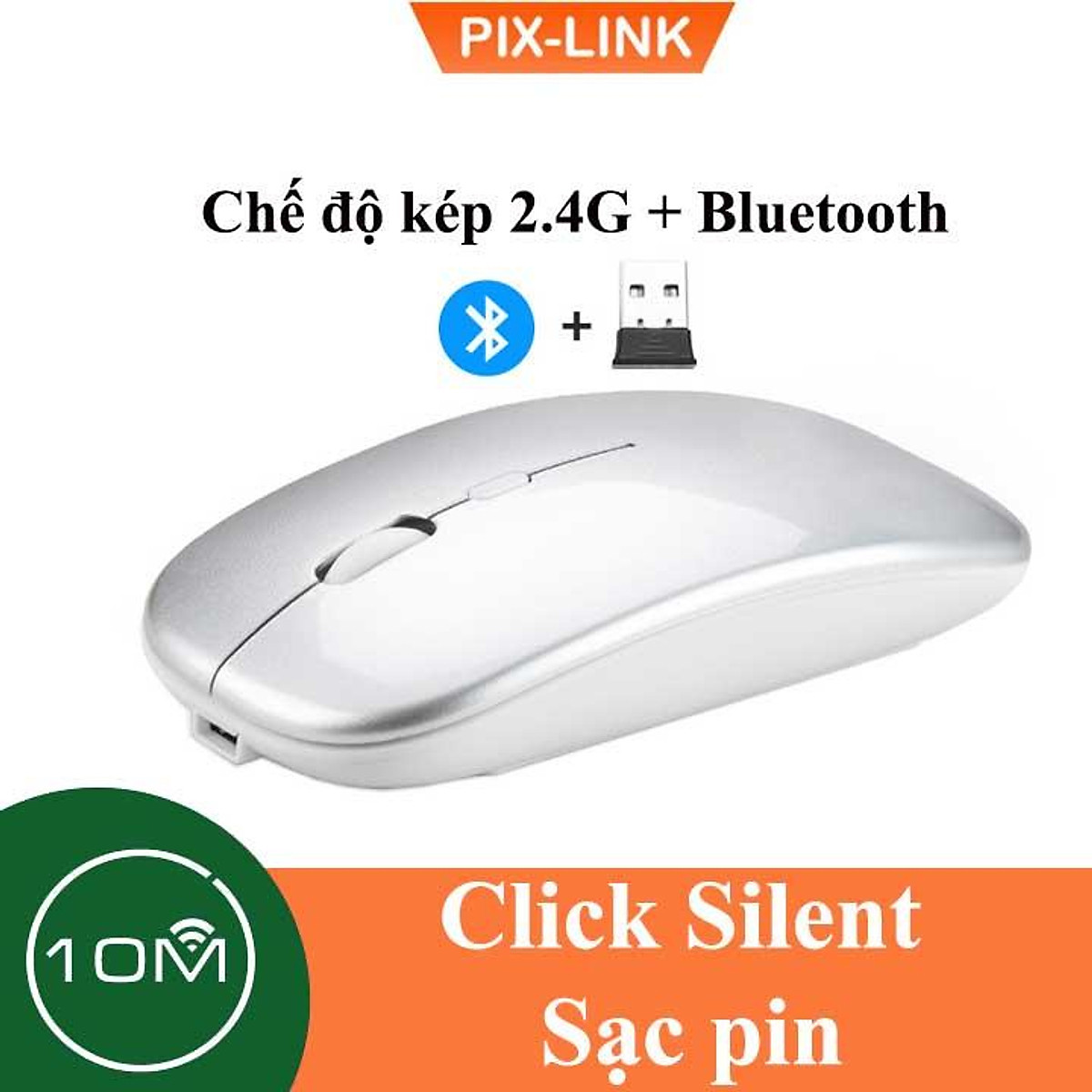 Chuột Bluetooth Không Dây PIX-LINK P90A Wireless USB Tự Sạc Pin Siêu Mỏng, Chống Ồn - Hàng Chính Hãng
