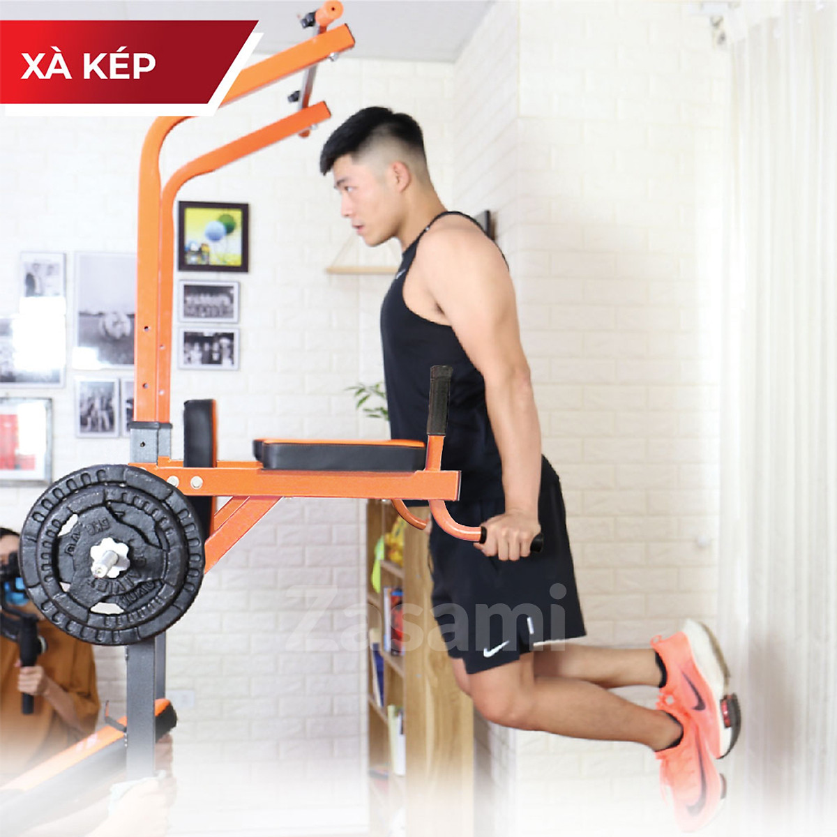 Giàn tạ đa năng kết hợp xà đơn xà kép Zasami 8215 - Kèm 50kg tạ gang, đòn 1m5 - tặng bộ tạ đeo chân