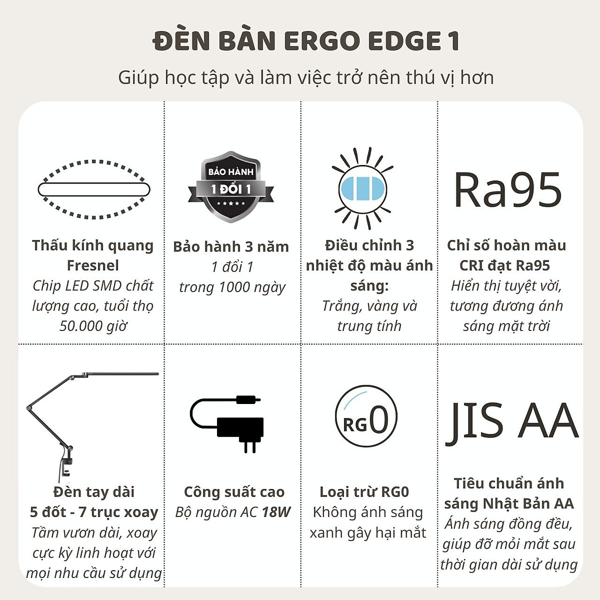 Đèn bàn học Led bảo vệ mắt Ergo Edge 1 DandiHome chống cận để làm việc, đọc sách cao cấp có thể kéo dài và gấp gọn - 3 chế độ sáng thông minh