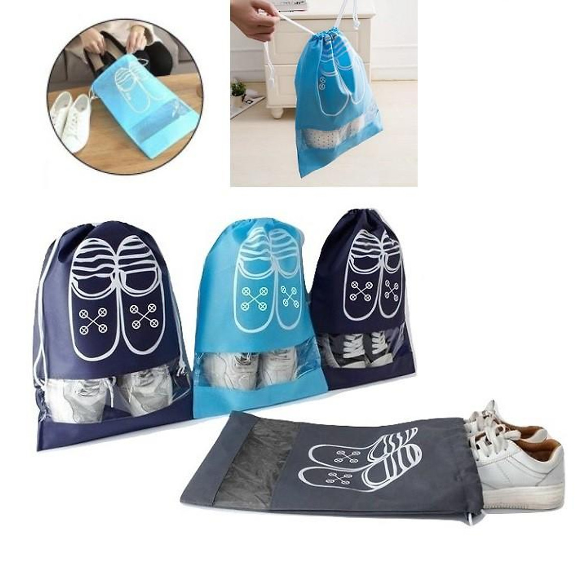 Túi đựng giày họa tiết chống thấm chống bụi bẩn loại có dây rút (43 x 32 cm)