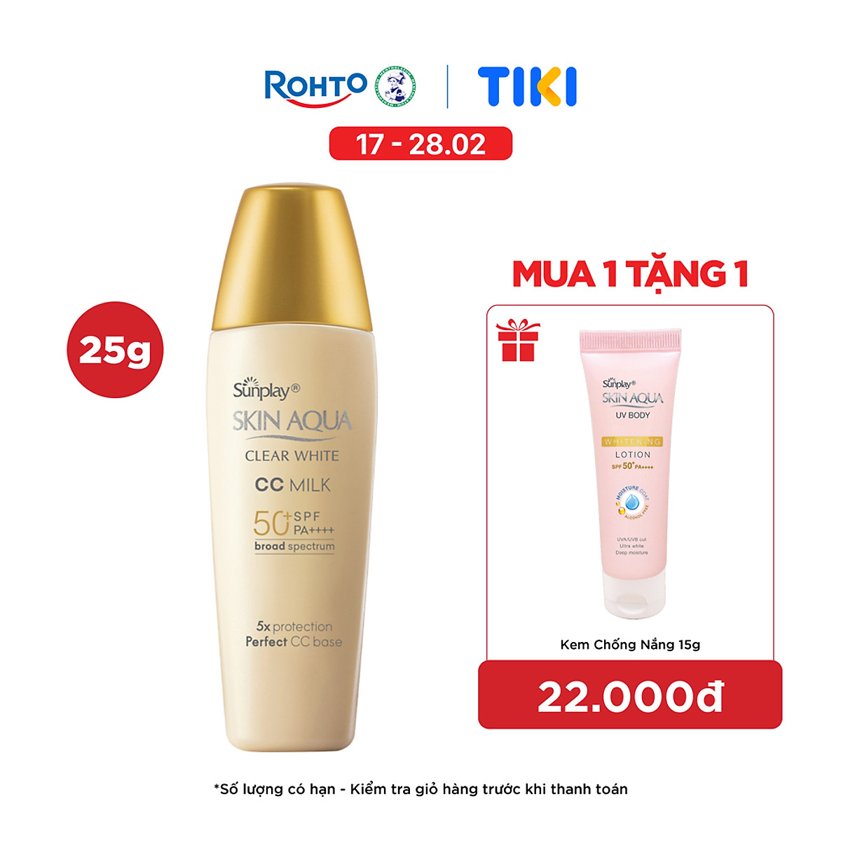 Kem chống nắng Skin Aqua trang điểm tạo nền trắng mịn & đều màu dạng sữa Sunplay Skin Clear White CC Milk SPF 50, PA++++ 25g