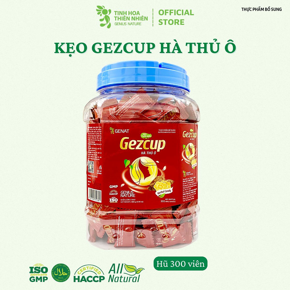Kẹo thảo mộc Gezcup Hà thủ ô (Hủ 300 viên) - Genat Giao 2H HCM