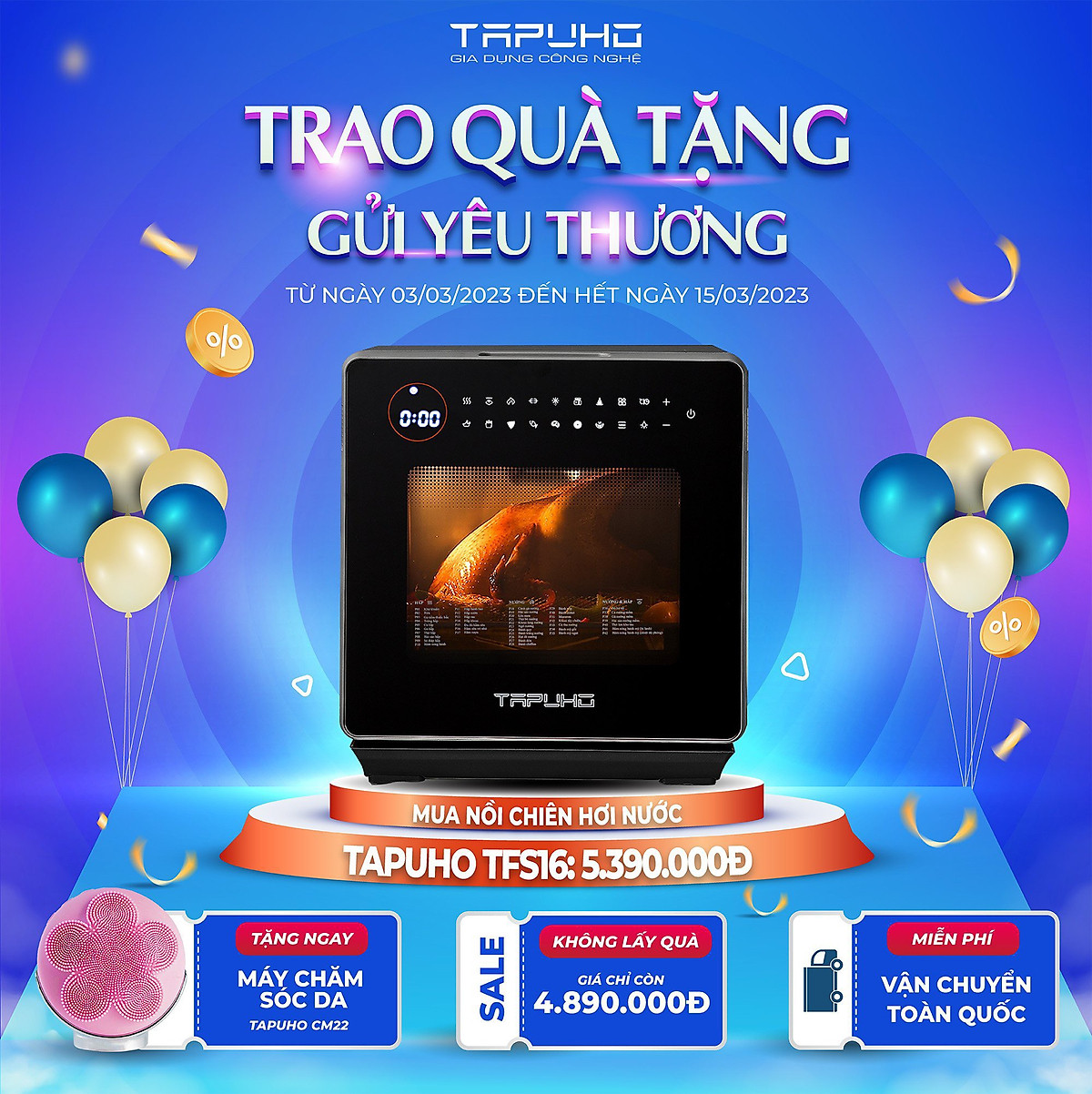 Nồi chiên hơi nước cao cấp TAPUHO TSF16 - Thương hiệu Đức - 2.800w - 16 lít - BH 2 năm