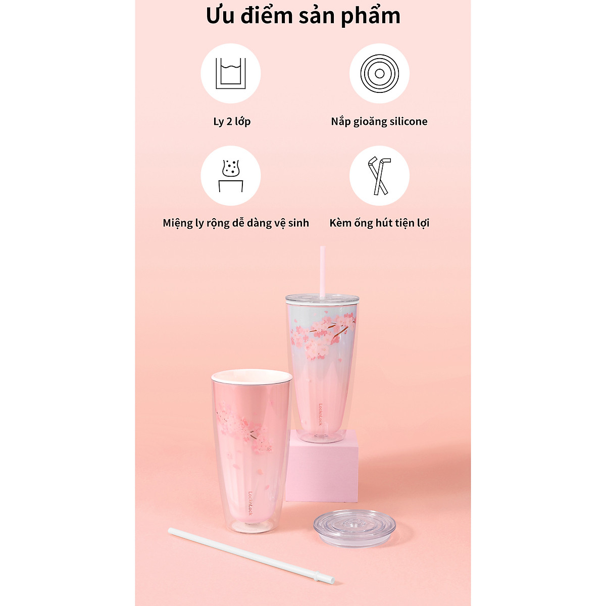 Ly nhựa 2 lớp Cherry Blossom Double wall Cold Cup LocknLock HAP522 - Kèm ống hút - Dung tích 750ml
