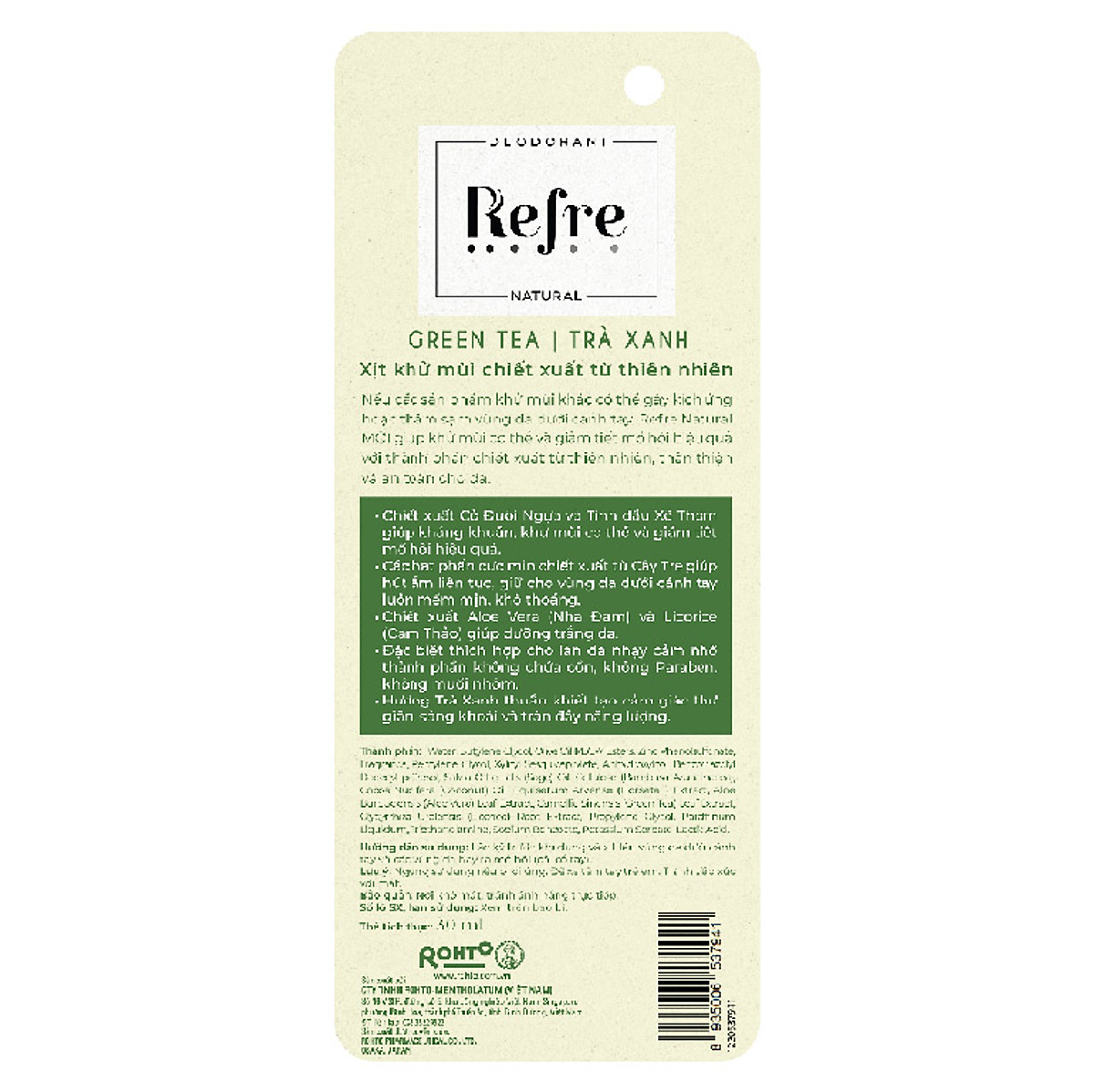 Xịt khử mùi chiết xuất thiên nhiên Refre Natural Green Tea Hương Trà Xanh (30ml)