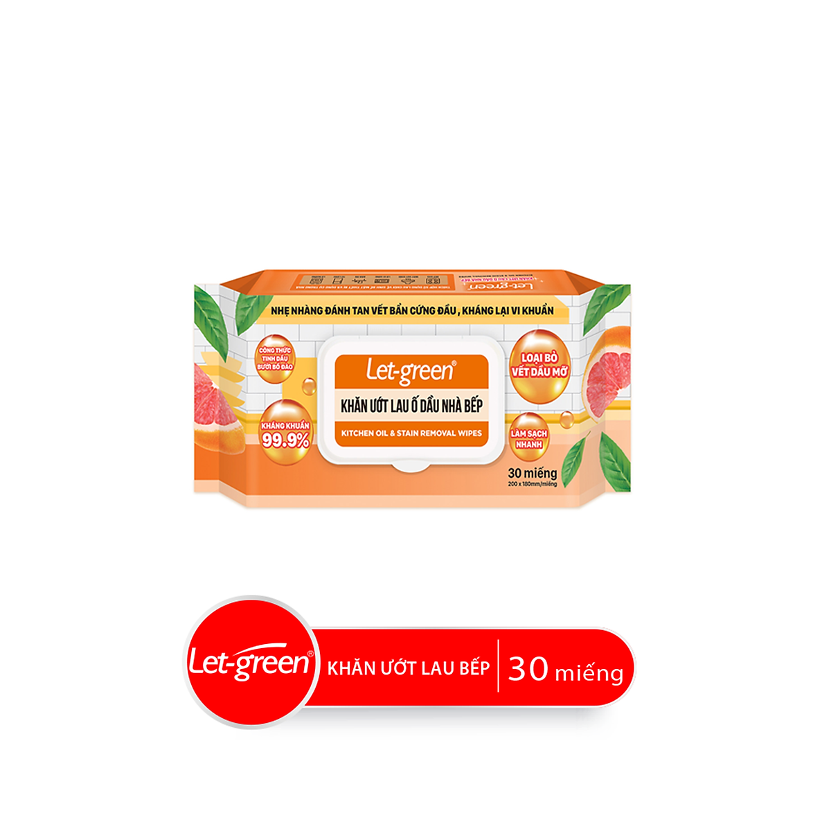 Combo Bao Khăn Giấy Ướt Lau Ố Dầu Nhà Bếp LET-GREEN, 30 Tờ/Bao