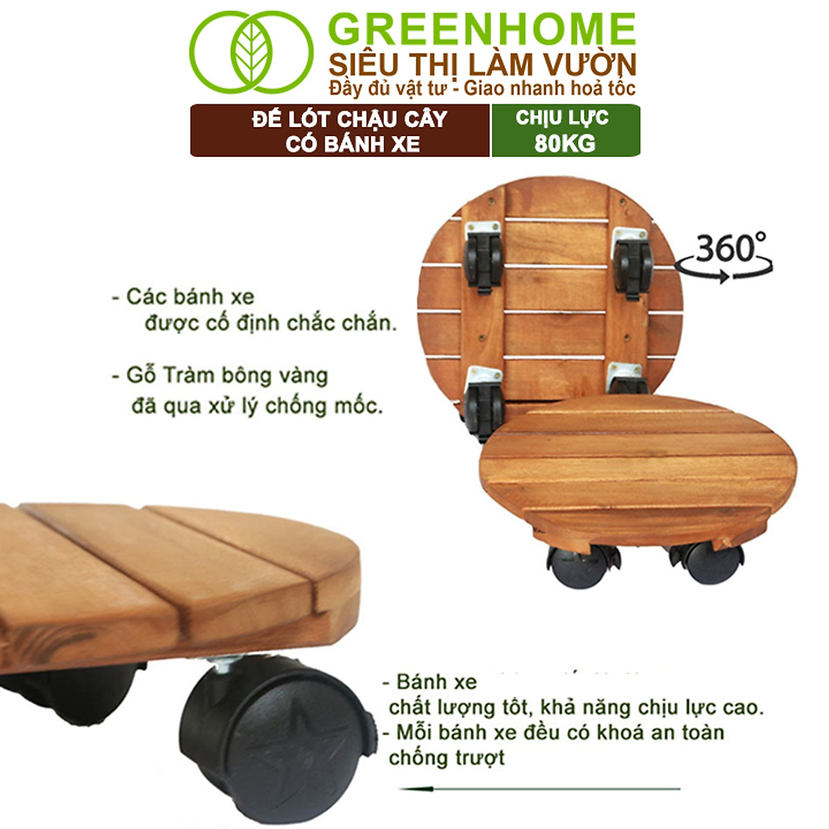Đế Lót Chậu Cây Greenhome, R30xc8cm, Bằng Gỗ Có Bánh Xe, Thân Thiện Môi Trường, Tiện Lợi, Di Chuyển Chậu Nặng Dễ Dàng