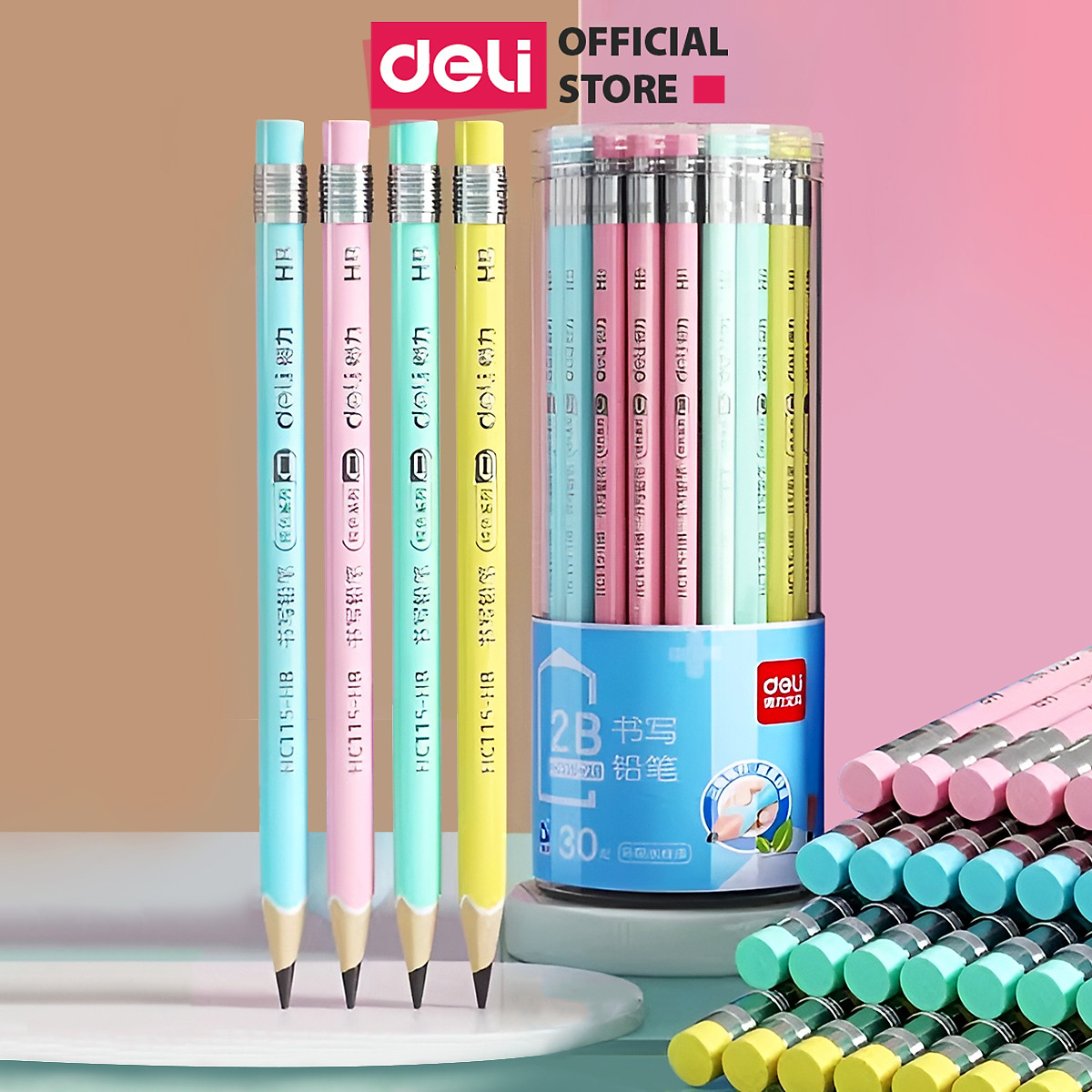 Bút Chì Gỗ 2B Deli Kèm Đầu Tẩy Màu Pastel - Chì Đậm An Toàn Nhạy Với Máy Chấm Thi Phù Hợp Học Sinh Văn Phòng Luyện Chữ