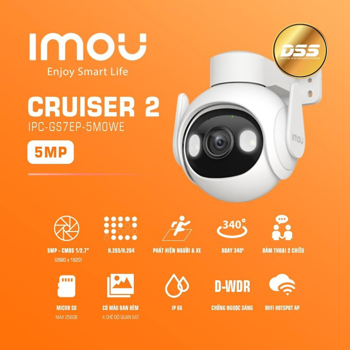 Camera Wifi ngoài trời Imou Cruiser 2 (5MP) I IPC-GS7EP-5M0WE I Đàm thoại 2 chiều I Phát hiện chuyển động I IP66 | Hàng chính hãng