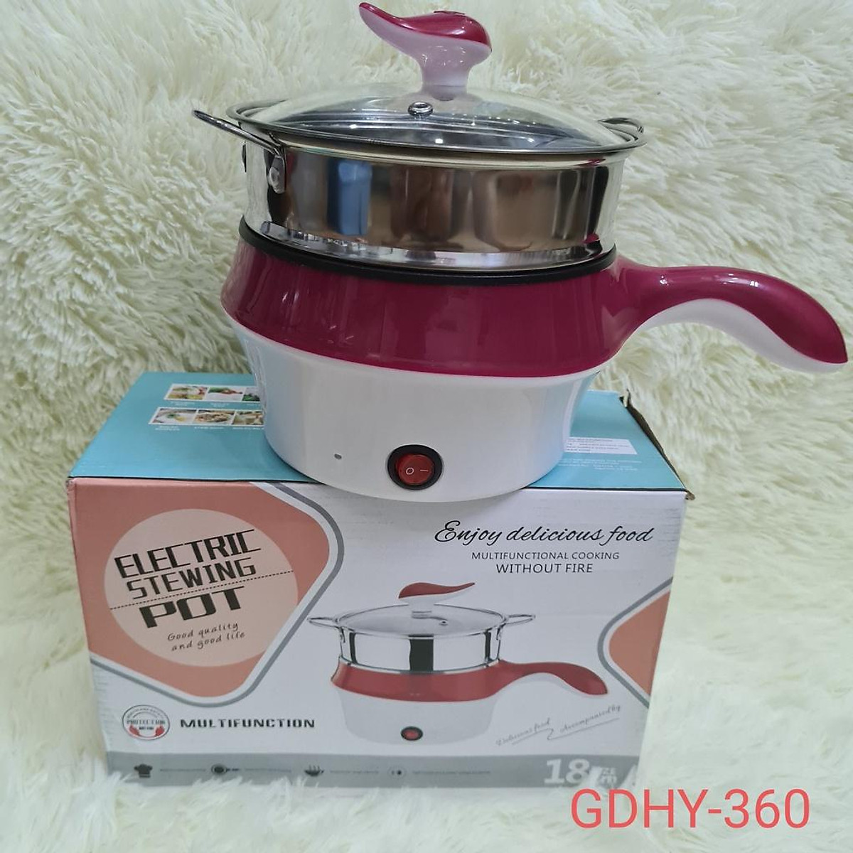 Ca nấu mì, nồi lẩu điện siêu tốc mini 2 tầng size 18cm, tặng kèm vỉ hấp inox .