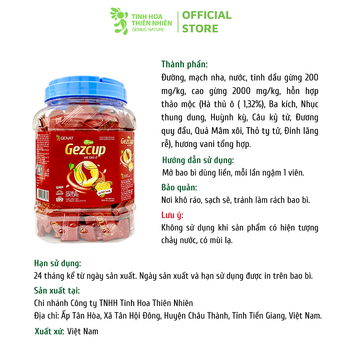 Kẹo thảo mộc Gezcup Hà thủ ô (Hủ 300 viên) - Genat Giao 2H HCM