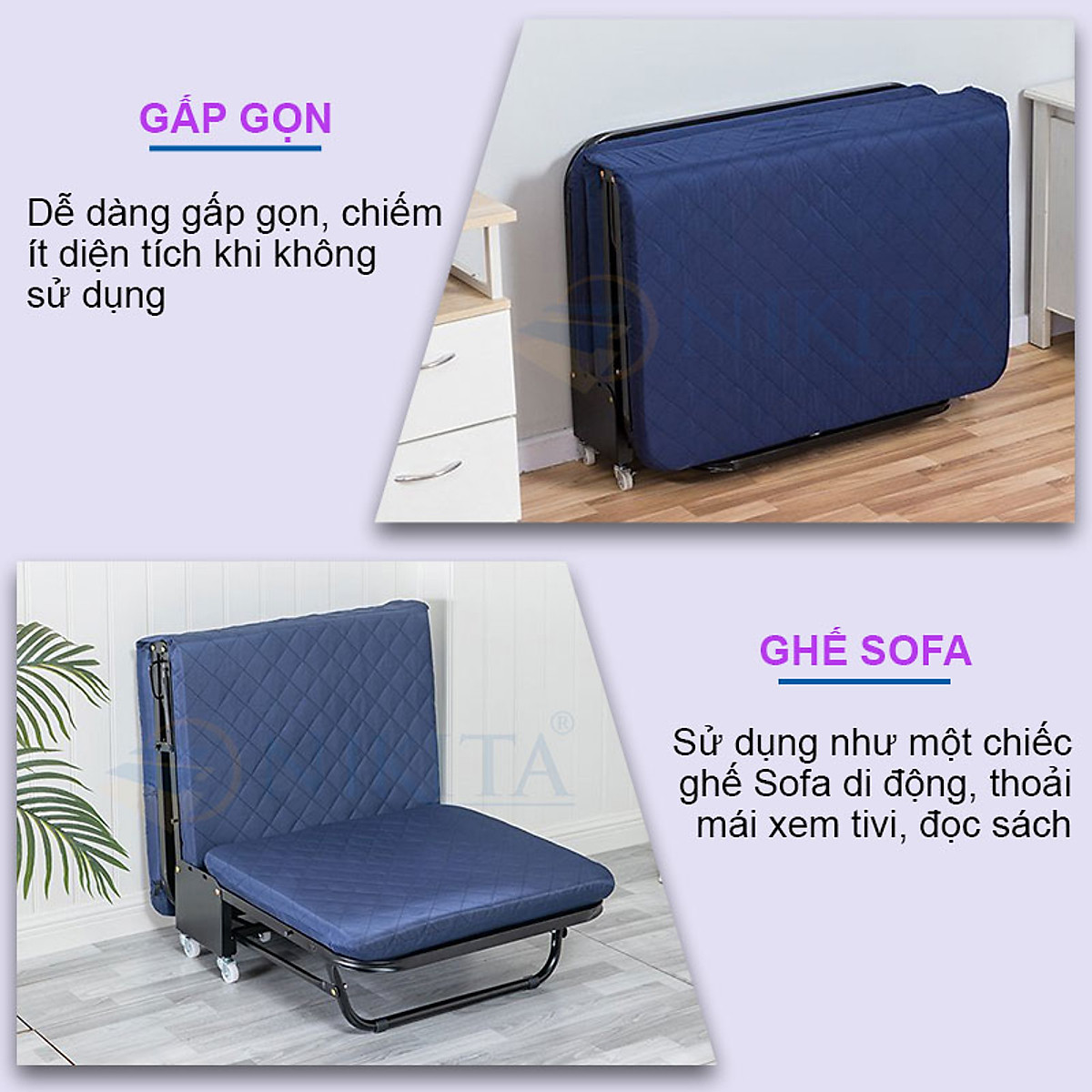 Giường ngủ thông minh gấp gọn NIKITA, Khung thép sơn tĩnh điện, Xếp gọn thành ghế sofa, Bánh xe di chuyển dễ dàng