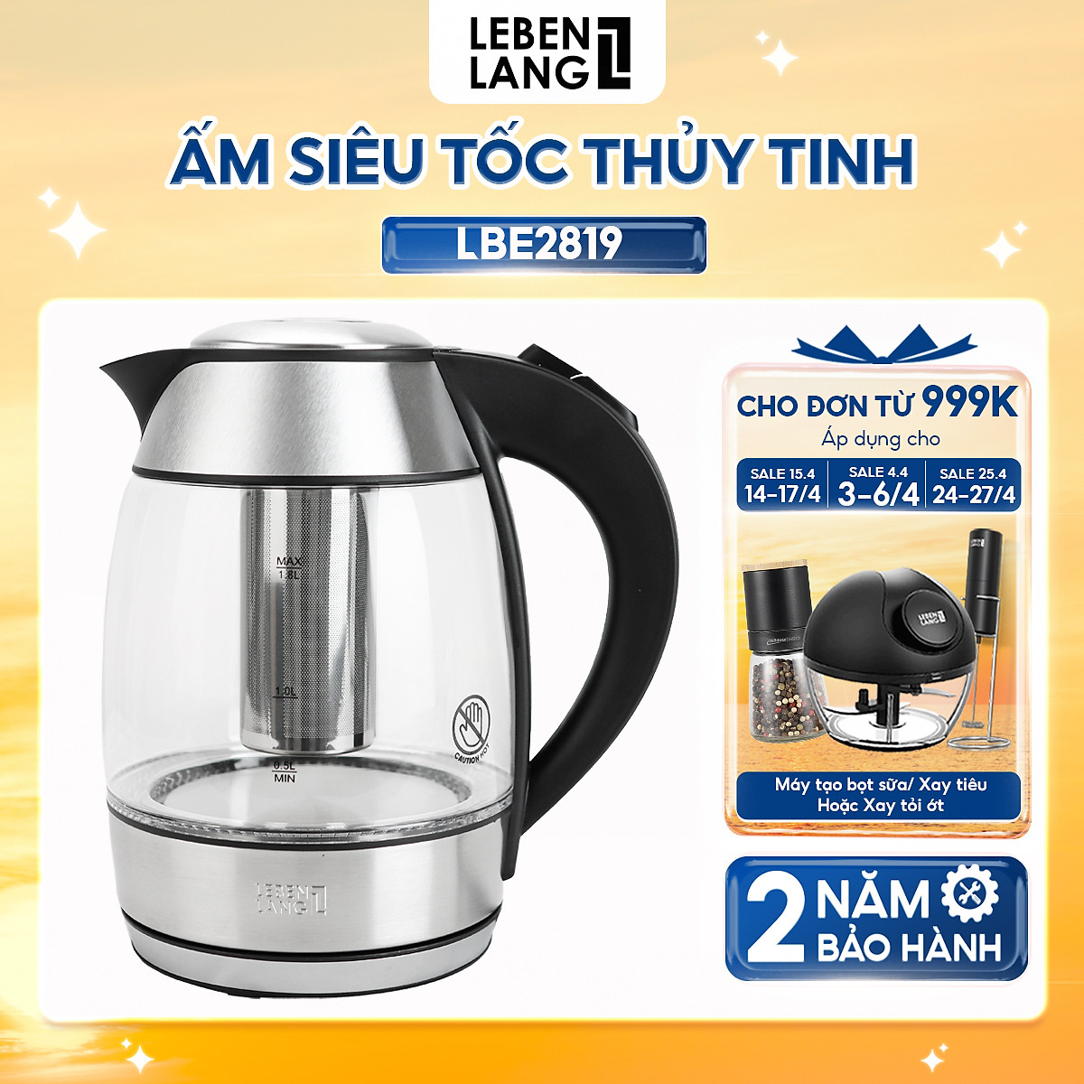 Ấm siêu tốc thuỷ tinh Lebenlang LBE2819, dung tích 1800ml, bảo hành 2 năm - hàng chính hãng