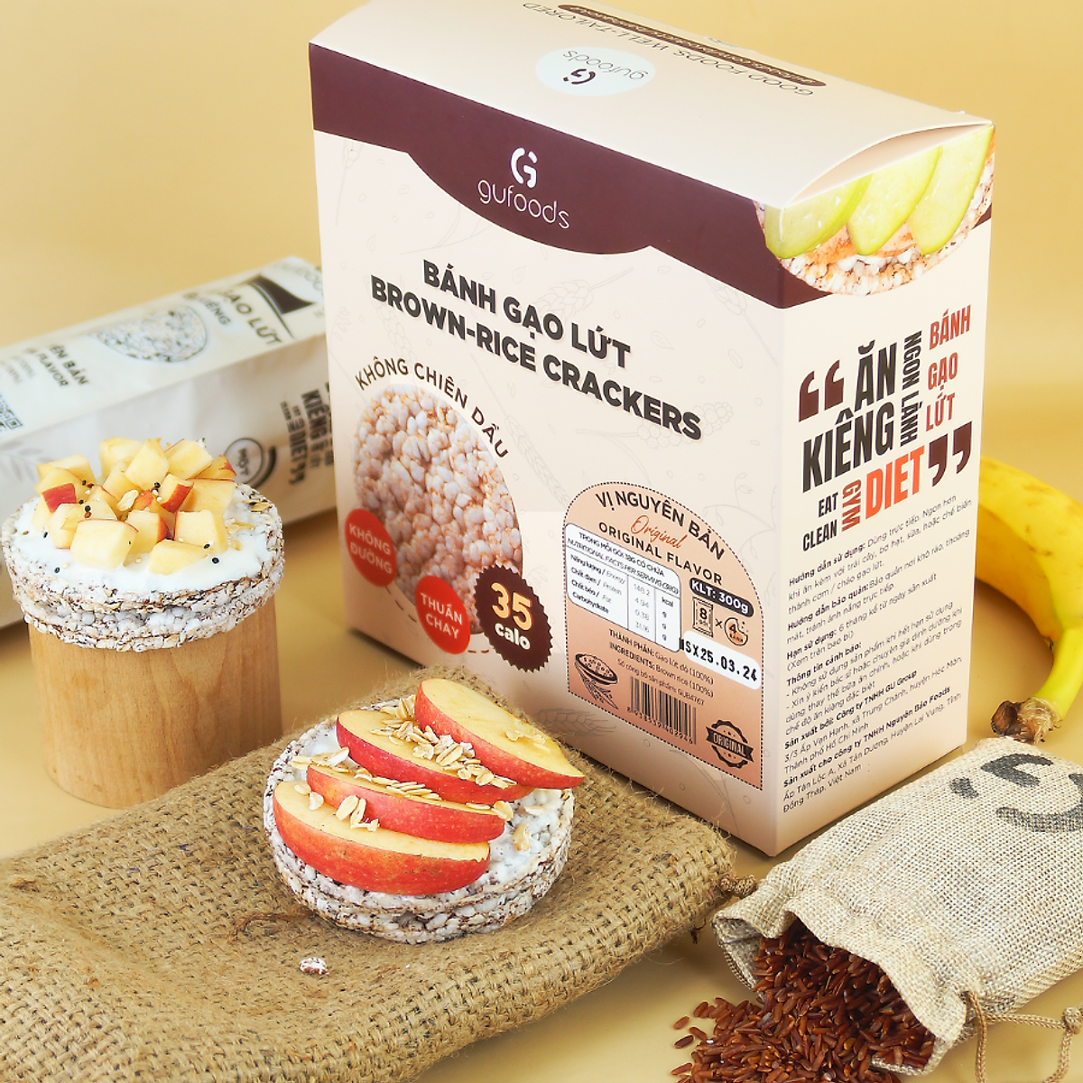 Bánh gạo lứt nguyên hạt ăn kiêng GUfoods (Gói 170g=18 bánh) - Không chiên dầu, Phù hợp Eat clean, Ăn vặt healthy, Thực dưỡng, Tập Gym, Giảm cân