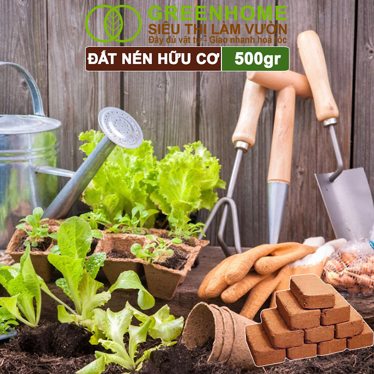 Đất Trồng Cây Greenhome, Viên Nén 500gr, Đã Qua Xử Lý, Bổ Sung Vi Sinh, Nở Gấp 5 Lần, Trồng Rau Hoa