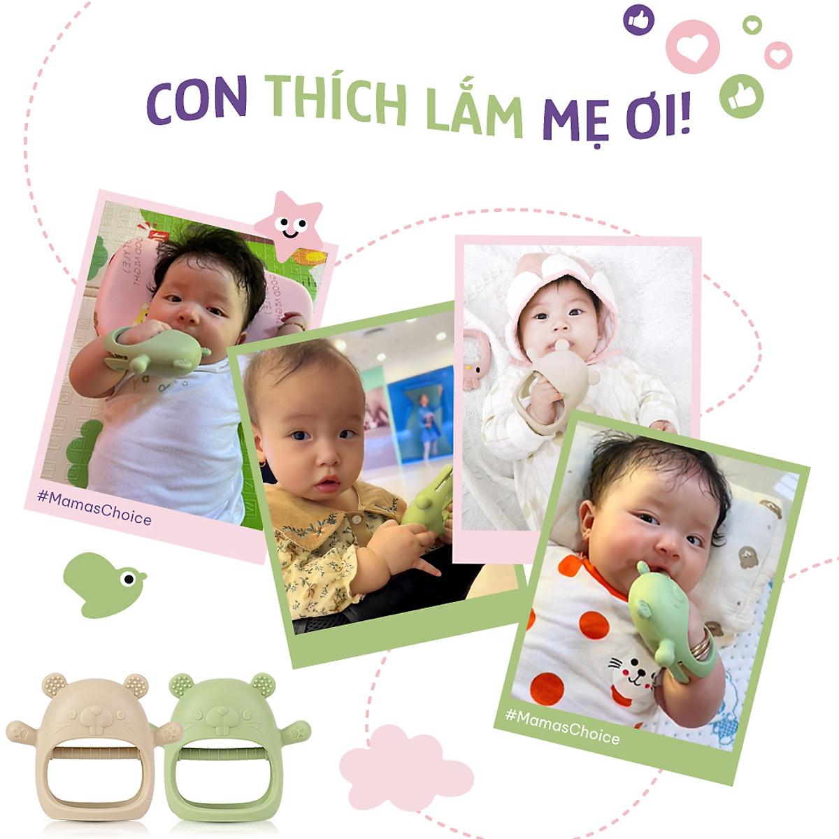 Gặm Nướu Mama's Choice Cao Cấp Cho Bé, Kiểm Định An Toàn Quốc Tế, Chất Liệu Silicone Bạch Kim, Có Hộp Bảo Quản