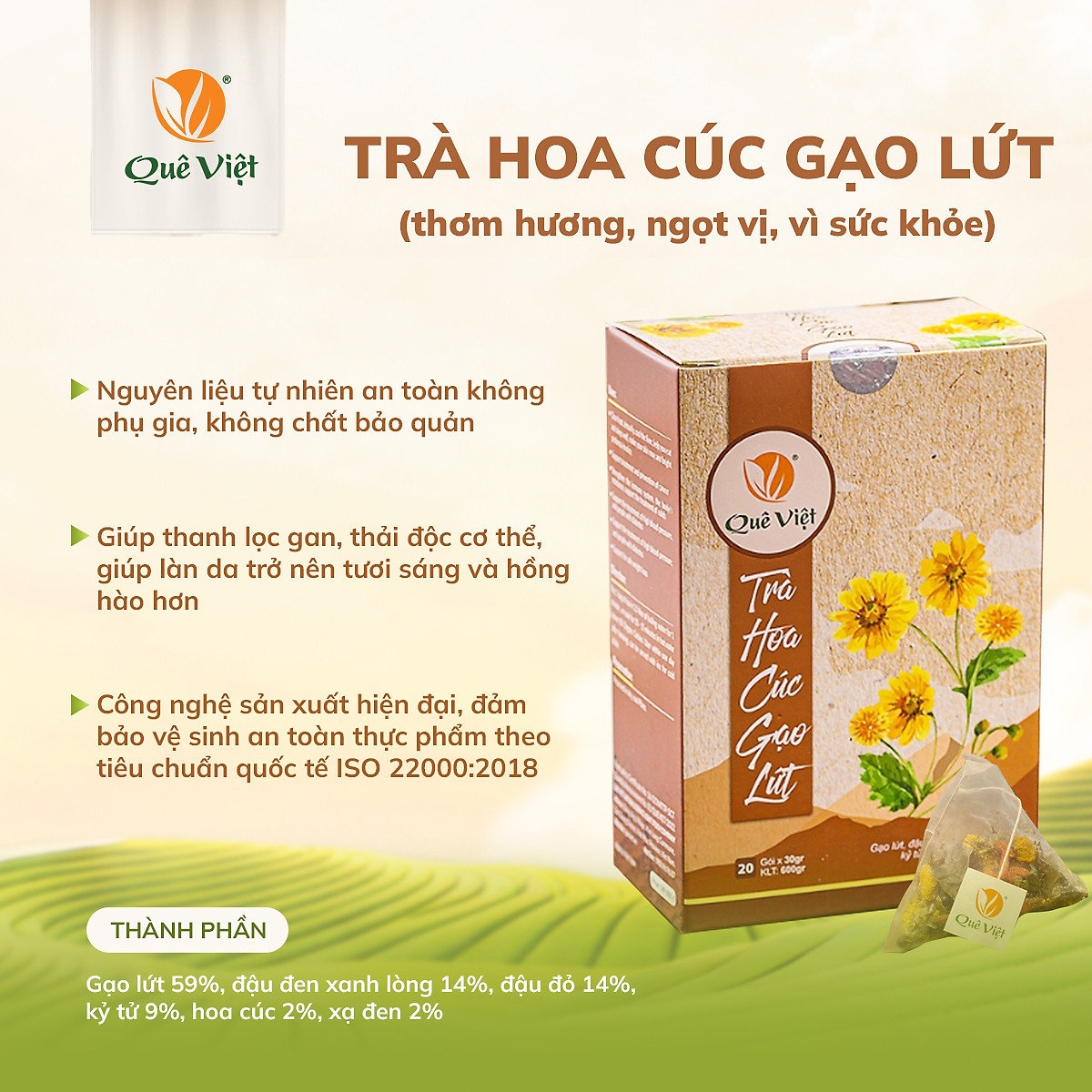 Trà hoa cúc gạo lứt Quê Việt thanh nhiệt, ngủ ngon, điều hoà huyết áp hộp 600gr