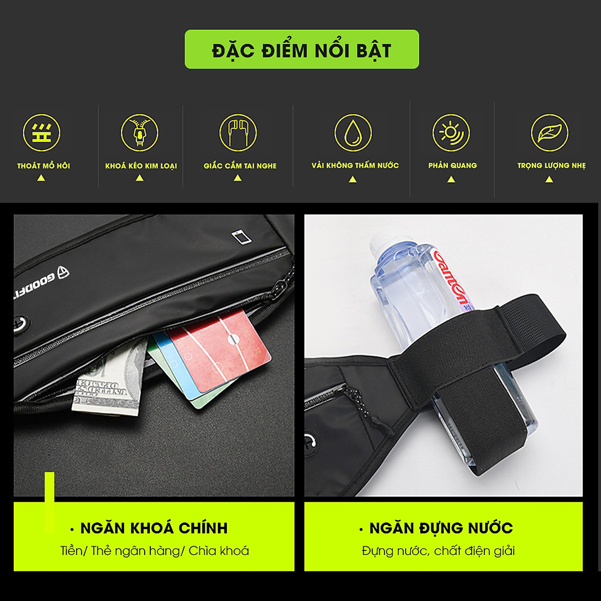 Túi đeo hông, đeo bụng, đeo chéo thể thao chạy bộ có ngăn đựng nước GoodFit GF112RB
