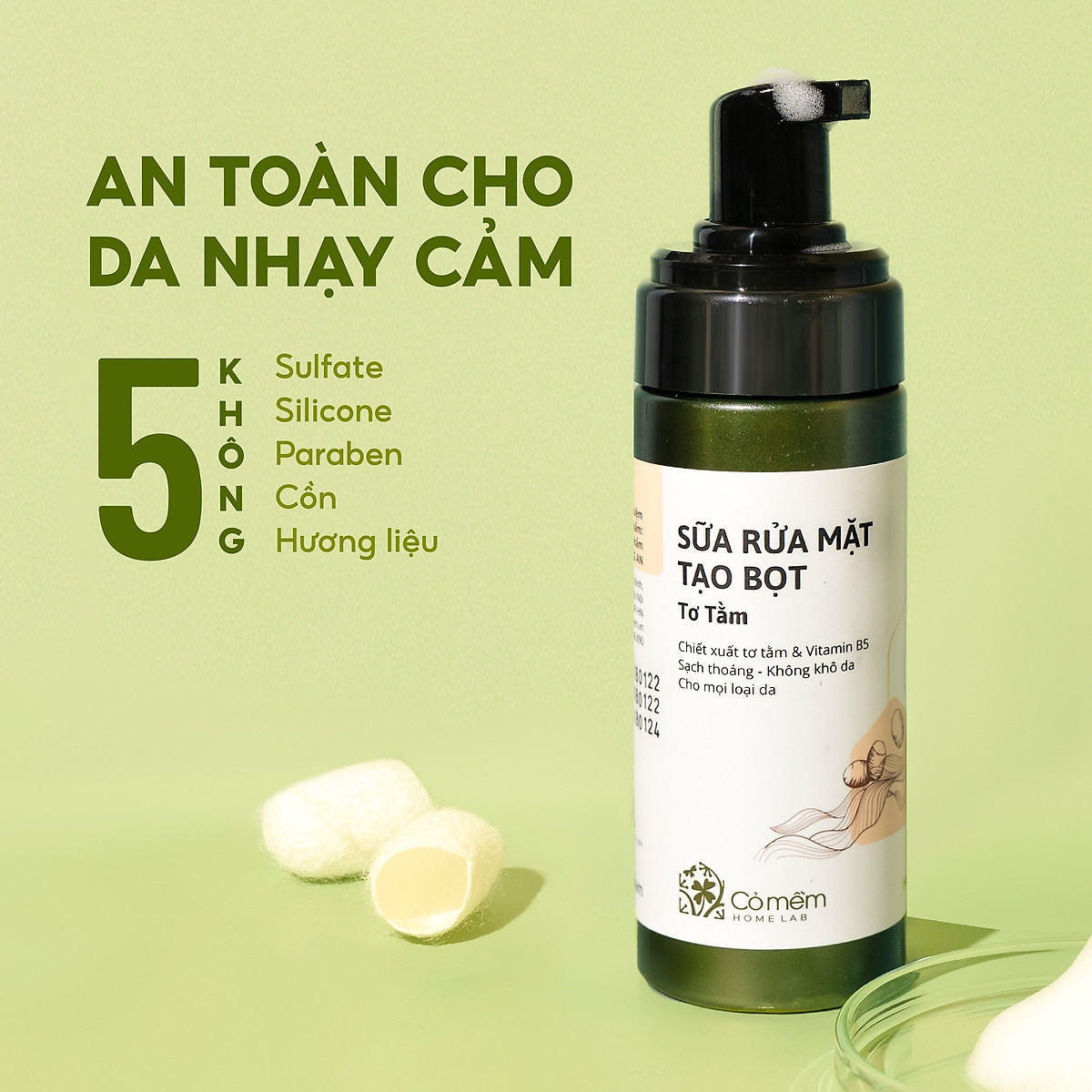 Sữa Rửa Mặt Tạo Bọt Tơ Tằm Sạch Thoáng Không Khô Da Cỏ Mềm 150ml