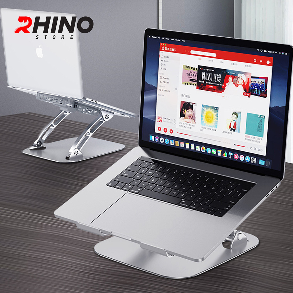 Kệ đỡ Laptop 2 quạt tản nhiệt Rhino KL202, giá đỡ máy tính nhôm cao cấp, gấp gọn - Hàng chính hãng