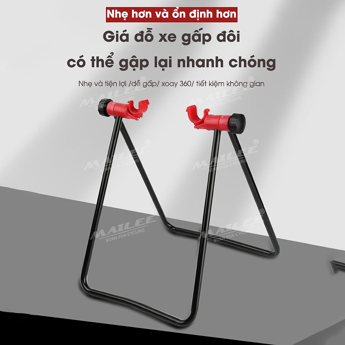 Giá đỗ xe đạp chân chóng cố định chữ U móc đỏ giúp dựng đứng xe đạp để sửa chữa/ bảo dưỡng, khung kim loại, móc nhựa ABS (1 cỡ có điều chỉnh) - Mai Lee