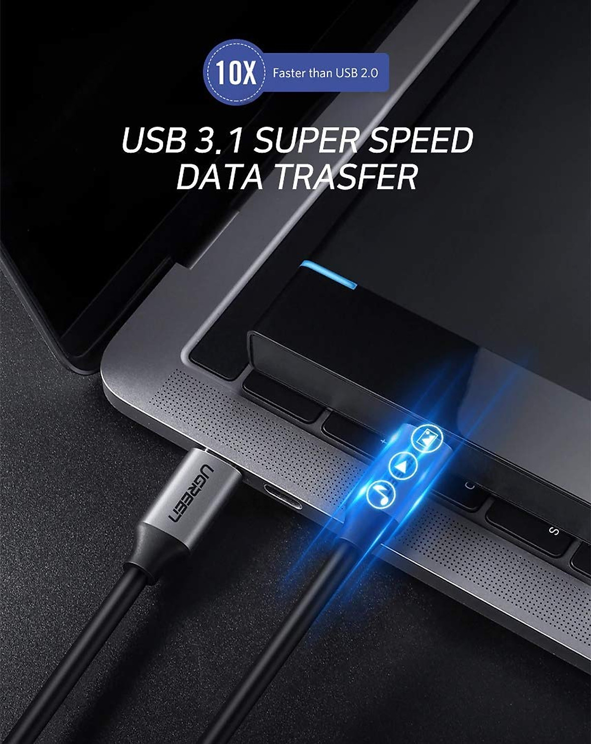 Cáp sạc nhanh Ugreen 2 đầu Type-C màu xám US161