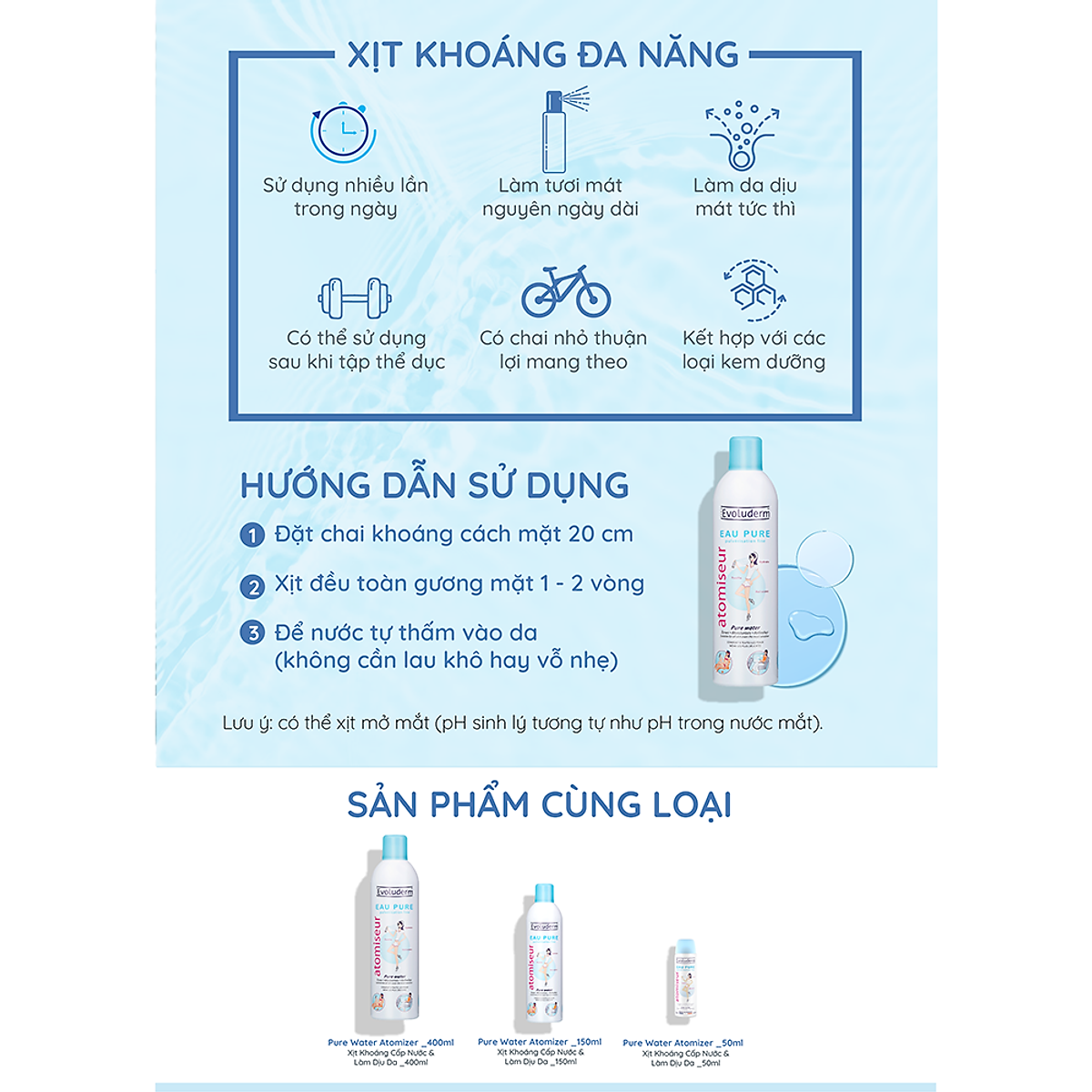 Xịt khoáng dưỡng ẩm, làm dịu và bảo vệ da Evoluderm Atomiseur Eau Pure