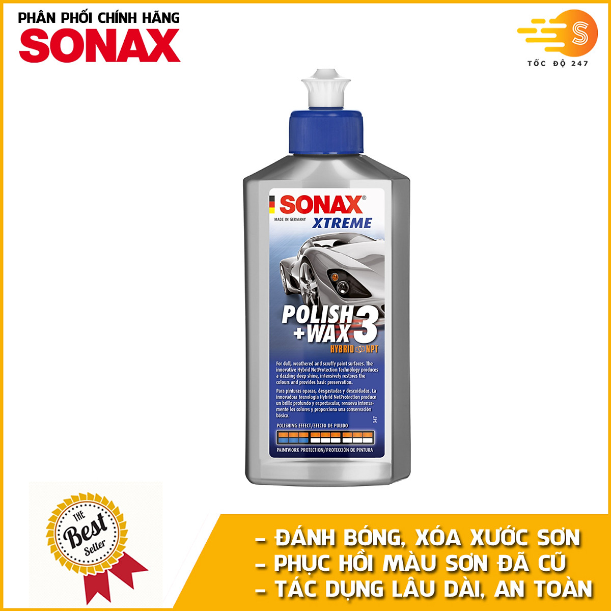 Kem đánh bóng, xóa xước và bảo vệ sơn xe ô tô 3in1 Sonax 202100 250ml - phục hồi sơn cũ, xóa vết xước nhỏ và bảo vệ sơn xe toàn diện
